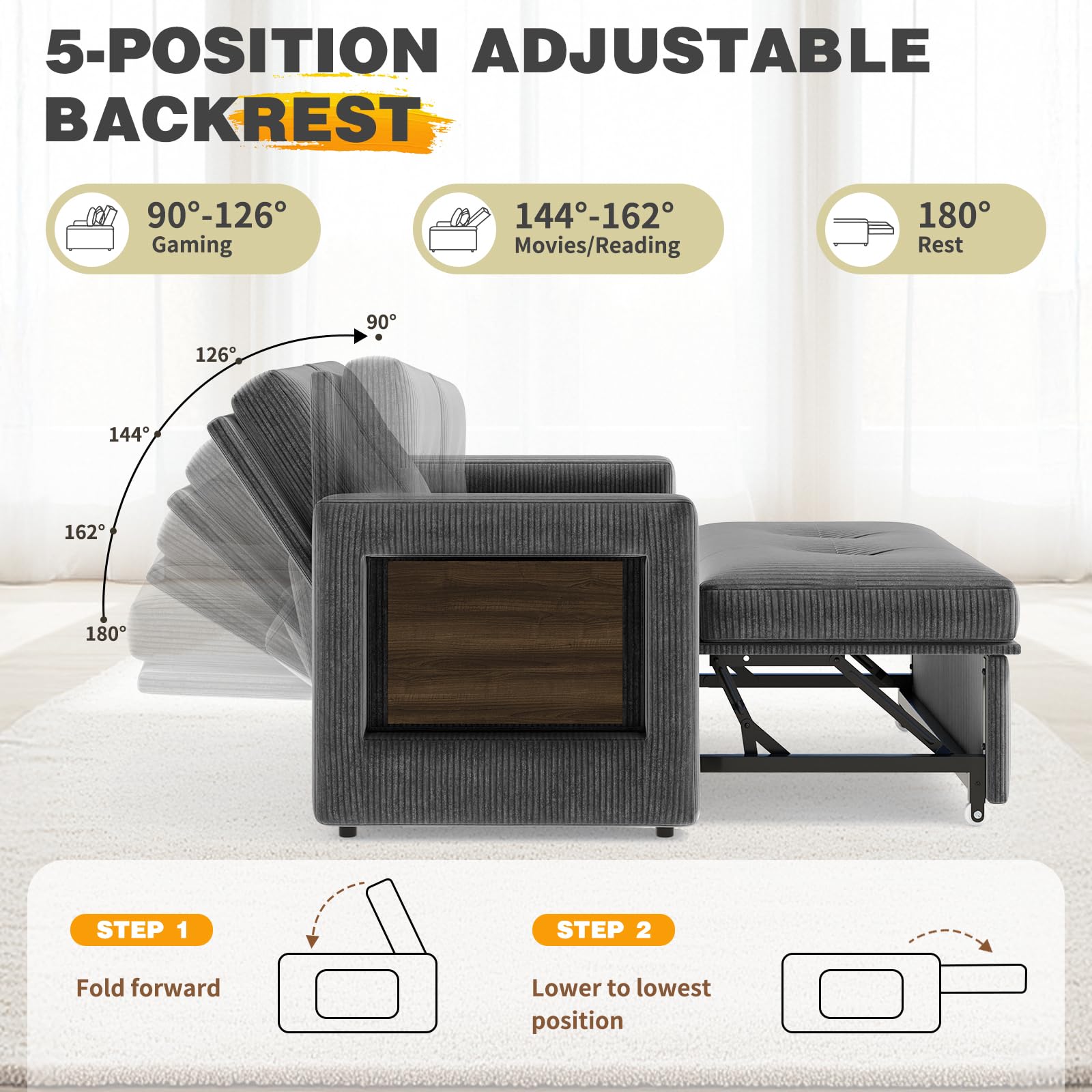 YOUDENOVA Divano letto 3-in-1, Poltrona letto con funzione salotto, Divano relax con schienale regolabile a 5 posizioni, Divano a 2 posti letto con tavolo e tasche laterali, Coste Grigio