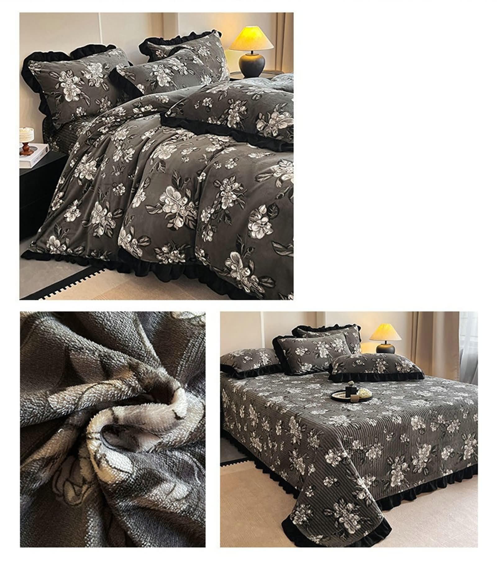 Zestaw pościeli 4 sztuki, poszwa na kołdrę 200x230cm, narzuta 230x250cm i 2 poszewki na poduszki, wzór gałęzi kwiatów i liści z falbankami, miękki aksamit, ciemnoszary czarny