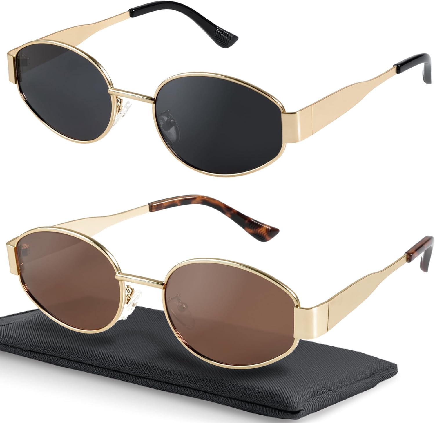 livho Retro Polarized Sunglasses - UV400 Protection, Oval Shape, Metal Frames - Matching Soft Case Inlcuded