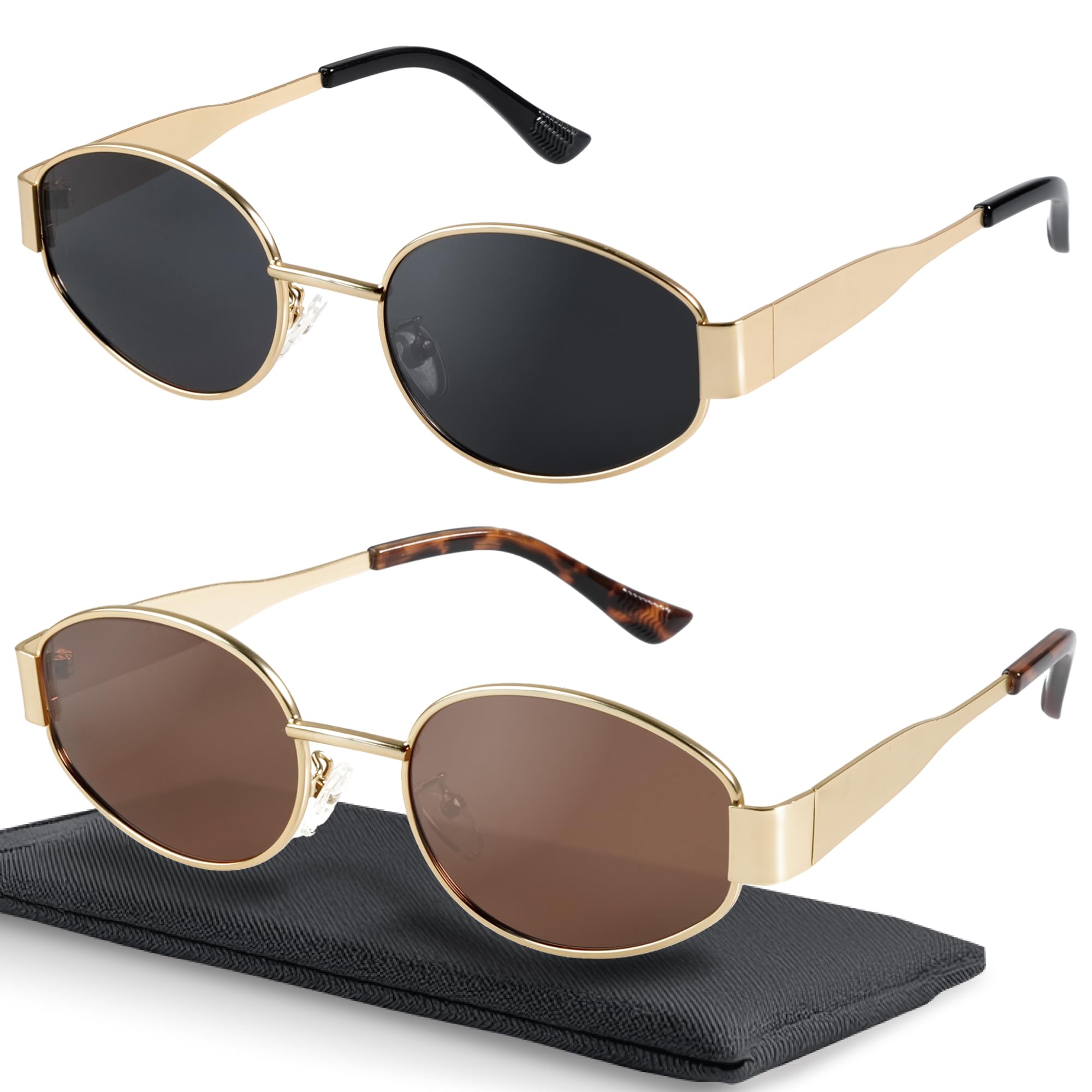 Retro Polarized Sunglasses - UV400 Protection, Oval Shape, Metal Frames - Matching Soft Case Inlcuded