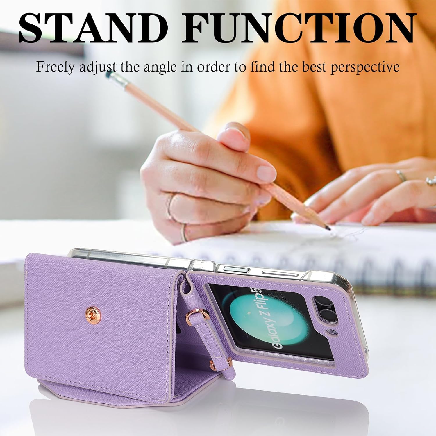 Phone Case for Samsung Galaxy Z Flip 5, Crossbody Wallet Phone Cover with Card Holders Cash Slot Wristlet Strap, Fashion Leather Handbag Flip 5 Phone Case for Women Girls (Purple)