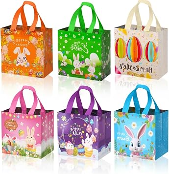 Lanfixilly 6Pcs Easter Gift Bags, Reusable Non-Woven Happy Easter Egg Hunt party Wrapping Tote Bags with Handles for Kids Party Favor Supplies