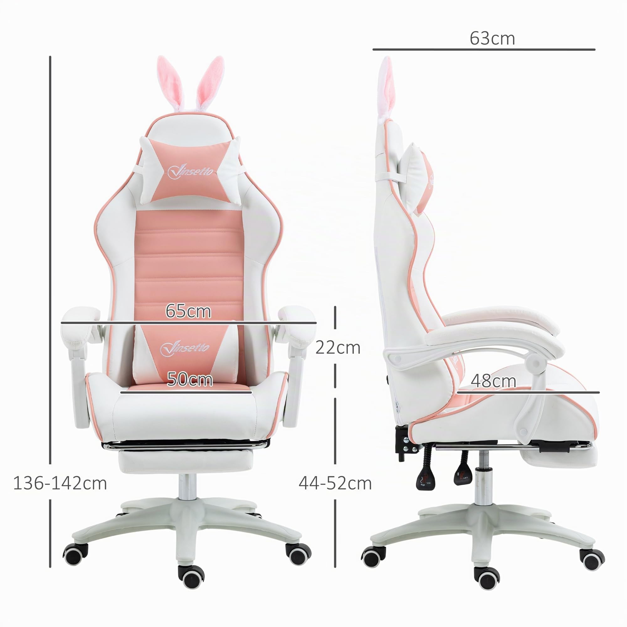 Vinsetto Gaming Stuhl mit Lendenwirbelstütze Fußstütze Kopfkissen Rosa | Ergonomischer Gamer Stuhl, Gaming Sessel mit Hasenohren, Bürostuhl mit Verstellbare Rückenlehne Liegefunktion