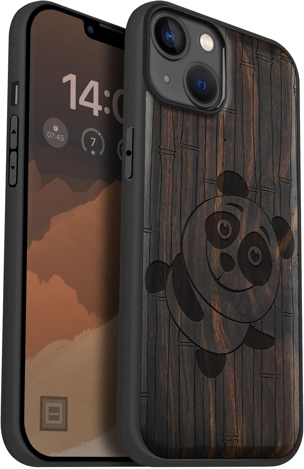 Carveit Magnetic Wood Case for iPhone 14 Plus - Natural Wood & Black Soft TPU - Shockproof Protective Cover - Unique & Classy Wooden Case - Compatible with MagSafe (Playful Panda Bamboo -Blackwood)