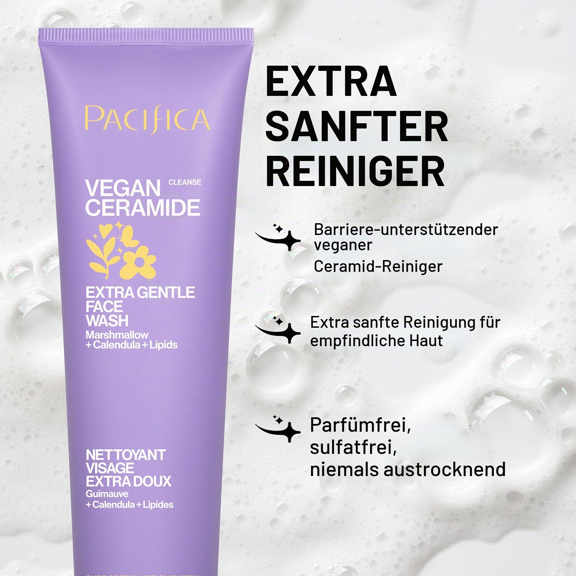 Pacifica Gesichtsreiniger für empfindliche Haut Gesichtsreiniger Vegan Ceramide Barrier Repair Extra Sanft für Täglich Duftfrei für empfindliche Haut Saubere Schönheit Vegan & Tierversuchsfrei