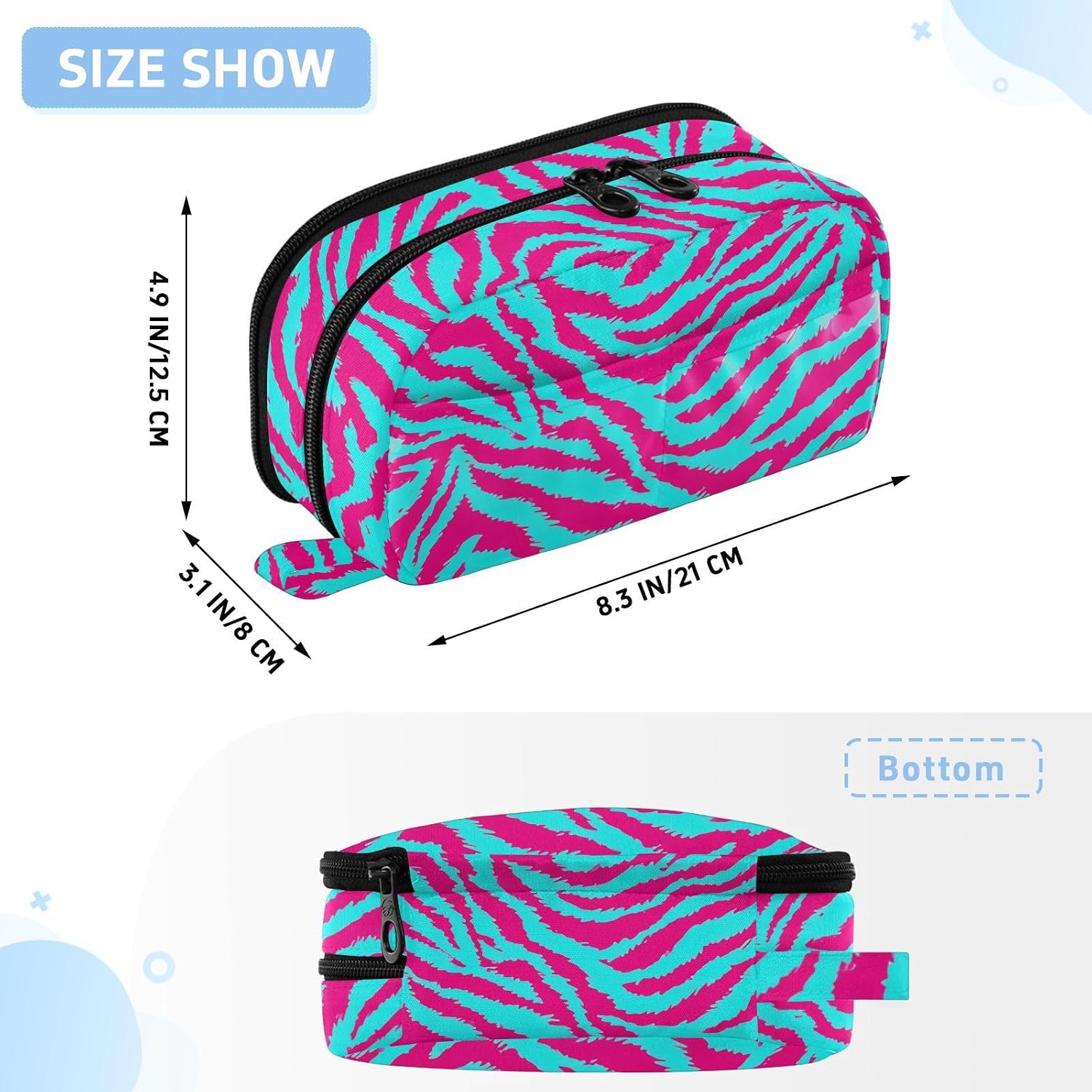 ALAZA Rose Pink Blue Tigers Zebra Print Pattern Large Capacity Pencil Case, Aesthetic Stationery Organizer Bag with Clear PVC Window, High Capacity Pen Pouch with Dividers for School Office Travel image 3