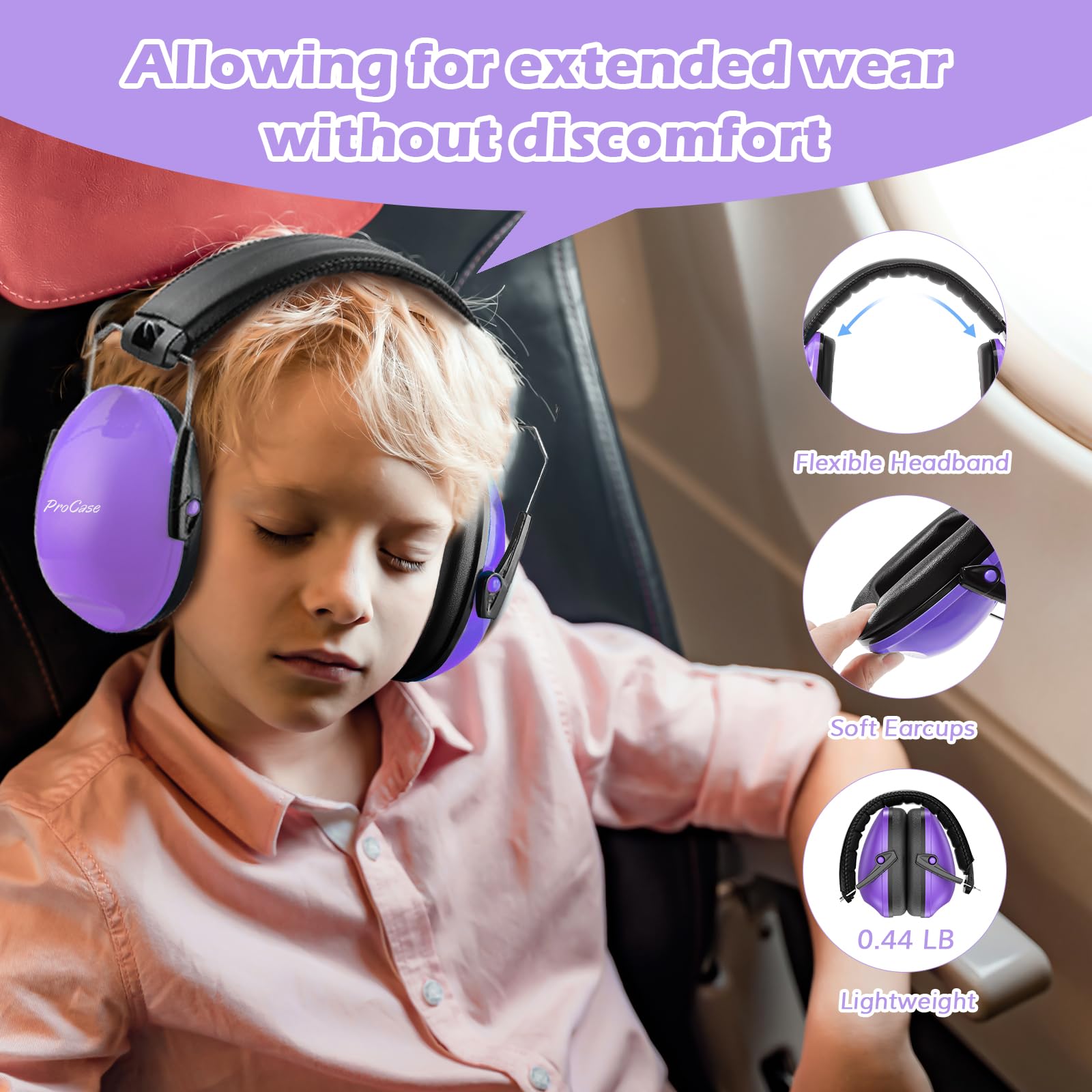 ProCase Cuffie Antirumore Bambini 1 Pezzi, NRR 21 dB Cuffie Comode Pieghevoli Regolabili per Proteggi I Tuoi Bambini dai Rumori Forti Fuoco D'artificio Concerto Aereo Dormire -Viola