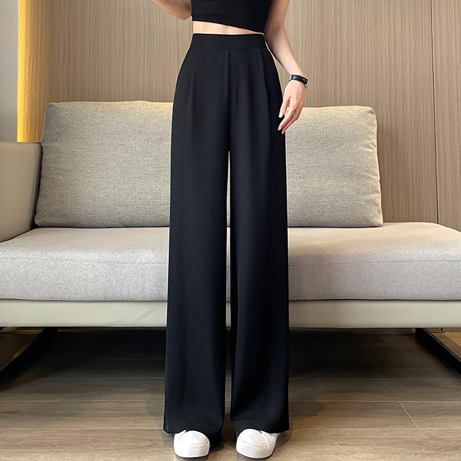 Miniatura 2 de Lroplie Wide Leg Pants for Women Summer Casual Solid Pant Leggings Pants Loose Elastic Waisted Suit Pants with Pockets