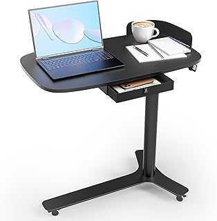 WALKINGDESK Beistelltisch C Form Höhenverstellbar mit Rollen, Mobiler Schreibtisch mit Schubladen, Kleiner Laptoptisch höhenverstellbarer, Pneumatisch Stehpult für Sofa Bett Wohnzimme, Schwarz