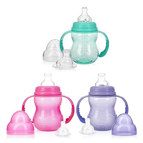 Nuby Botella de cuello ancho de 3 etapas sin derrames, con asas y boquilla de jugo antigoteo, 3 meses, 8 onzas, 3 unidades, rosamoradoverde azulado