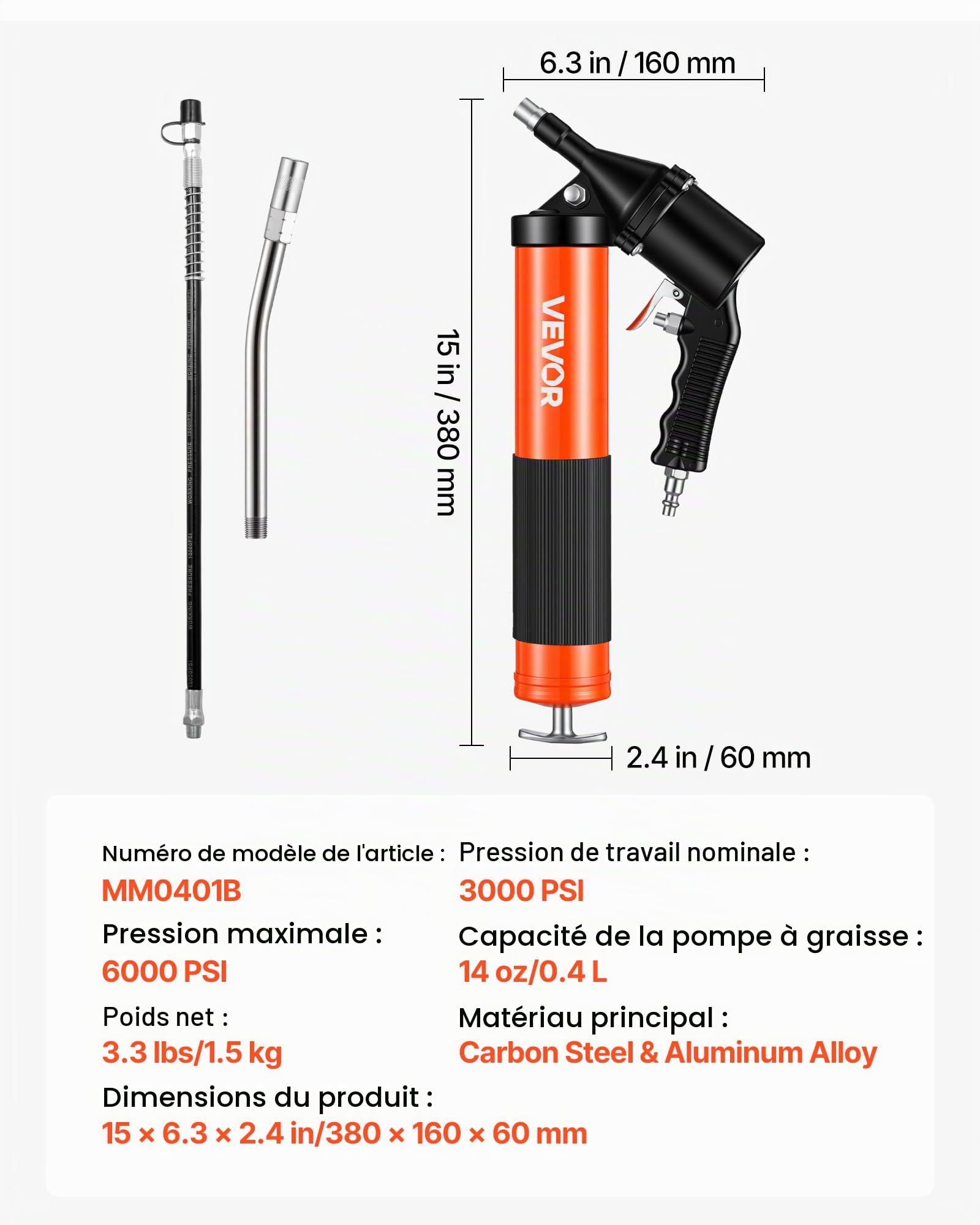 VEVOR Pistolet à Graisse Pneumatique 413 bar Pistolet Graisseur à Une Main Capacité 0,4 L pour Machines Automobiles Agricoles Industrielles, Tuyau Flexible 45,7 cm Tube Extension Rigide 2 Buses Plates
