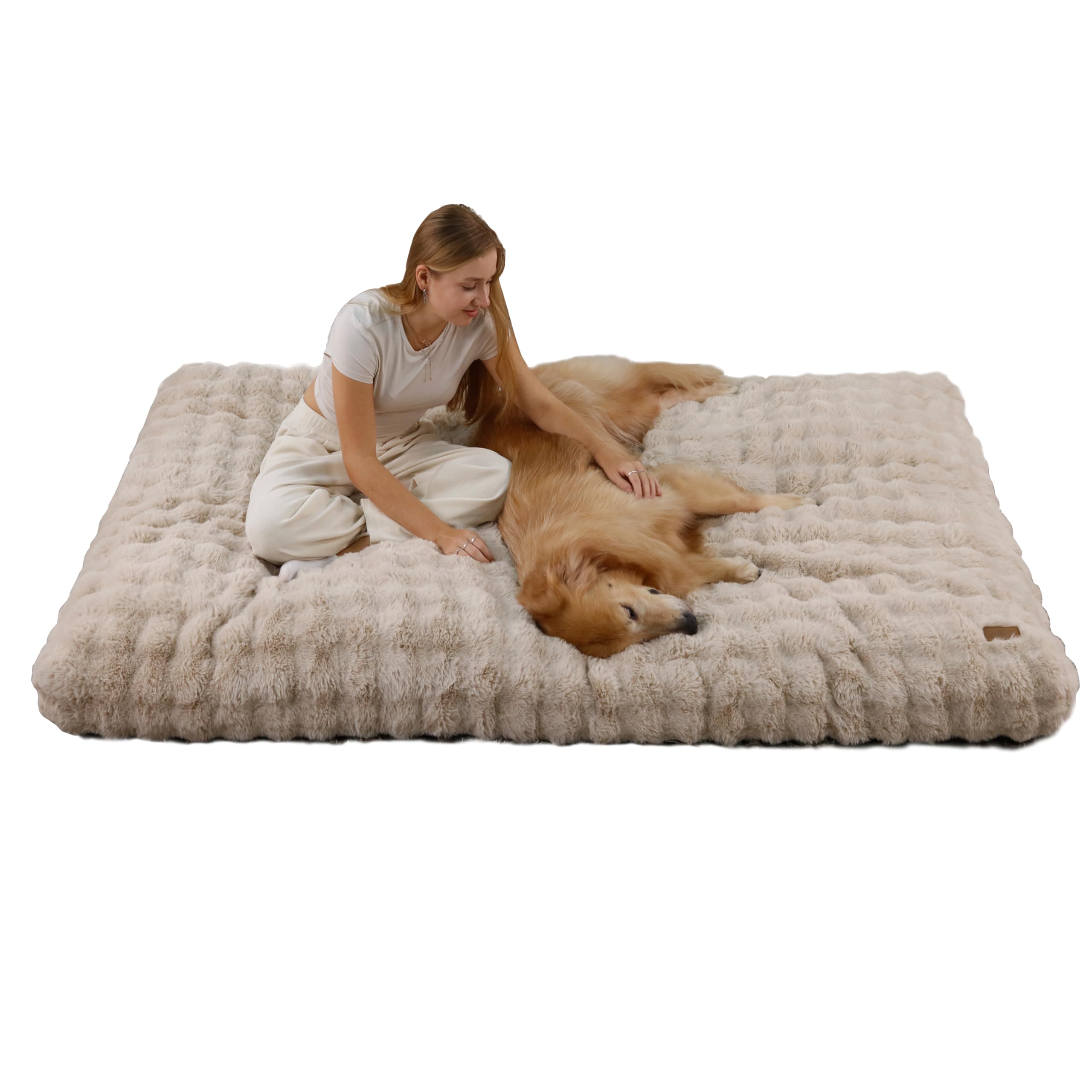 BingoPaw Hundebett für Menschen Hunde: 200x130x18 cm Riesiges Human Dog Bed für Erwachsene, Flauschig Weich Abnehmbar Bezug, Multifunktional Hundebetten Hundematte Teppich Wohnzimmer, Beige