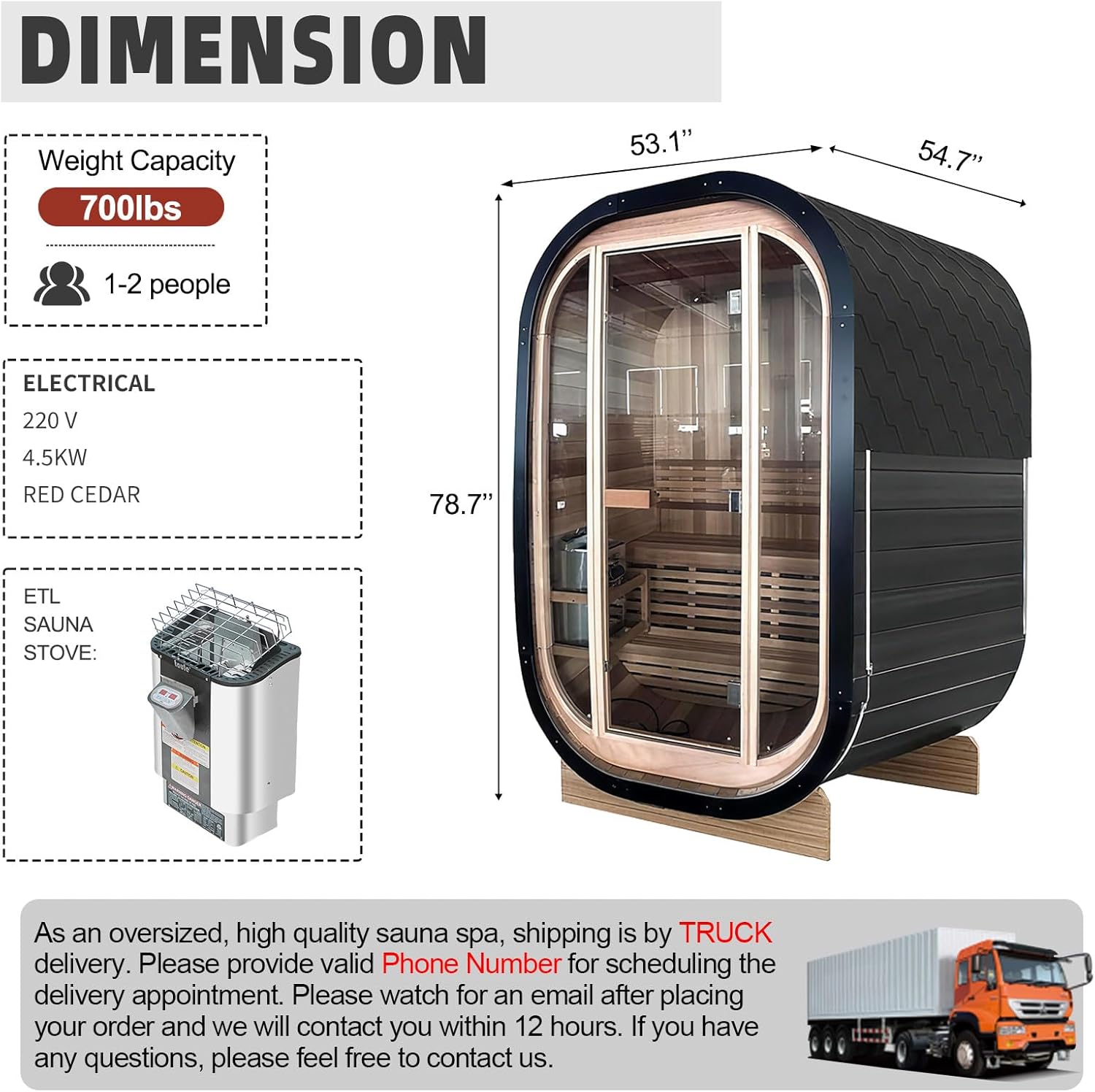 Sauna dimensions and electrical specifications