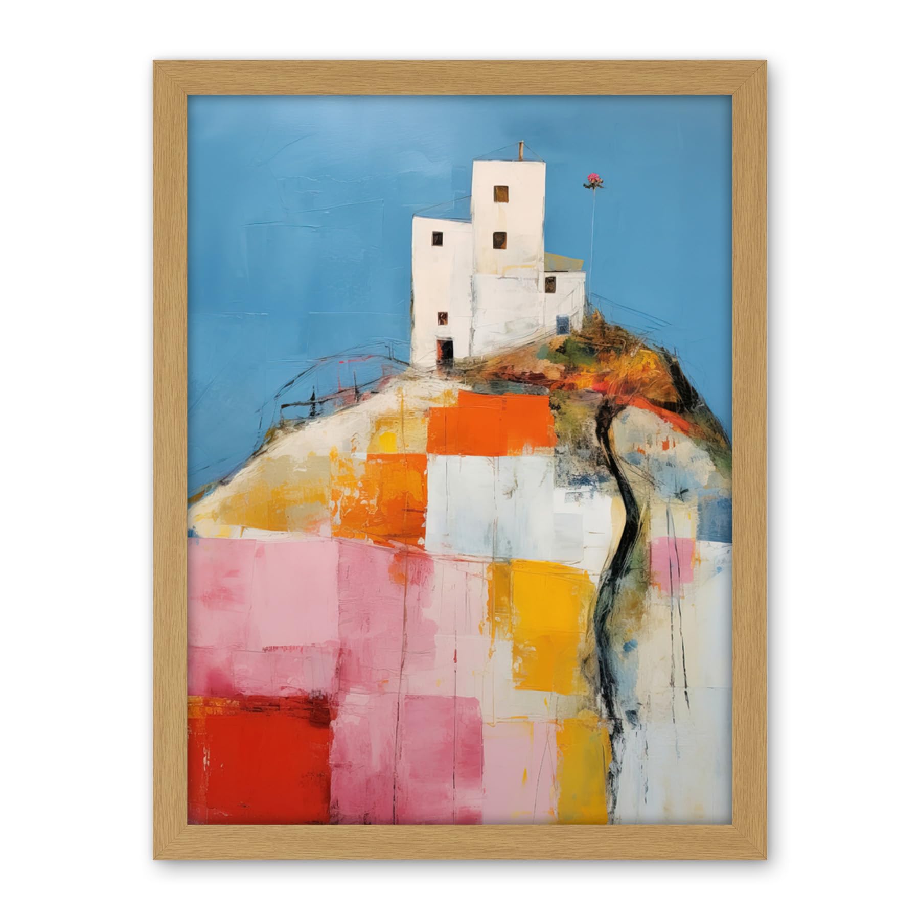Artery8 House on the Hill Oil Painting Abstract Geometric Patchwork Palette Knife Pastel Colour Rural Landscape Artwork Framed Wall Art Print 18X24 Inch