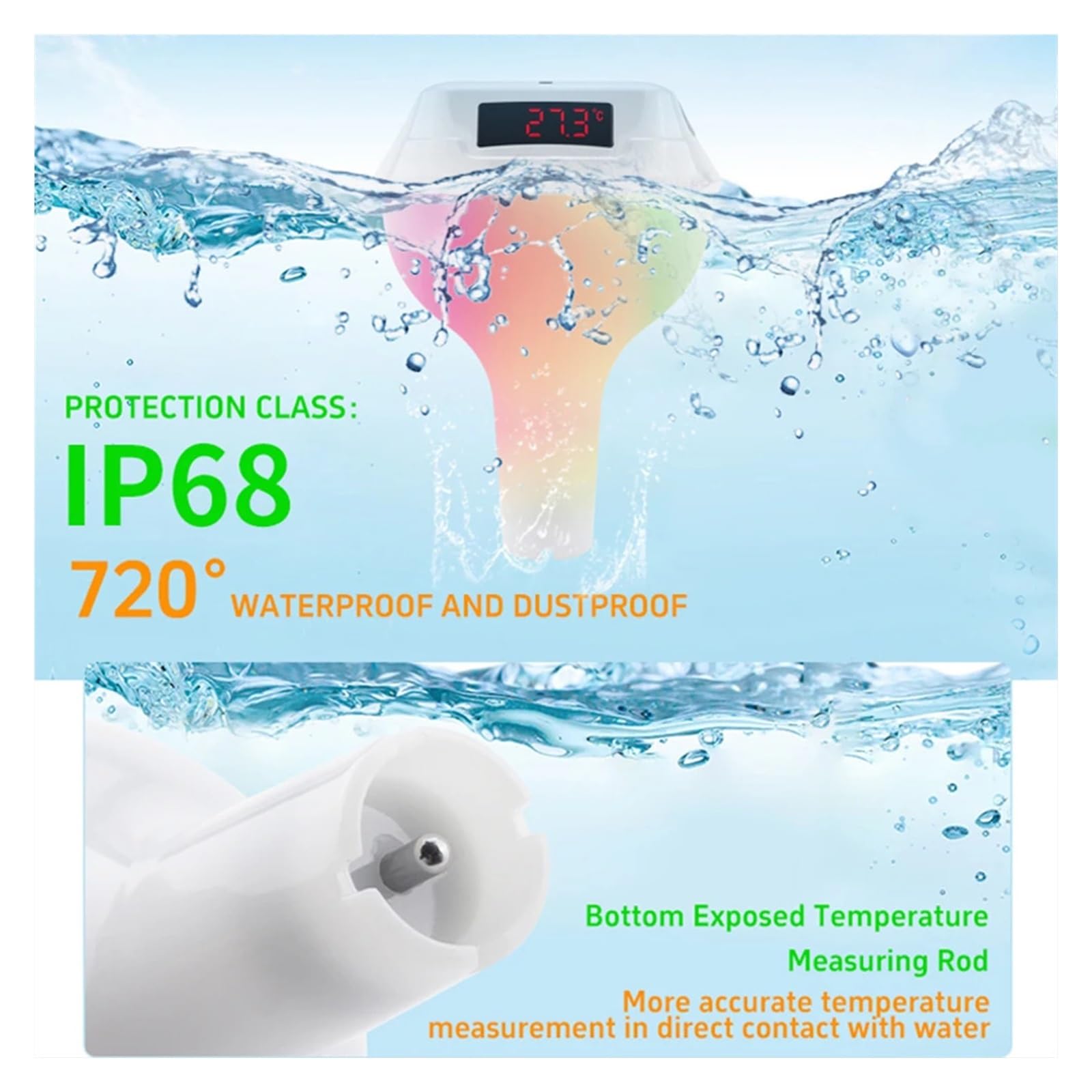 Termometro Digitale Solare Wireless for Piscina, misuratore di Temperatura for Il Nuoto con luci RGB dinamiche, Timer e Schermo LED.(White)
