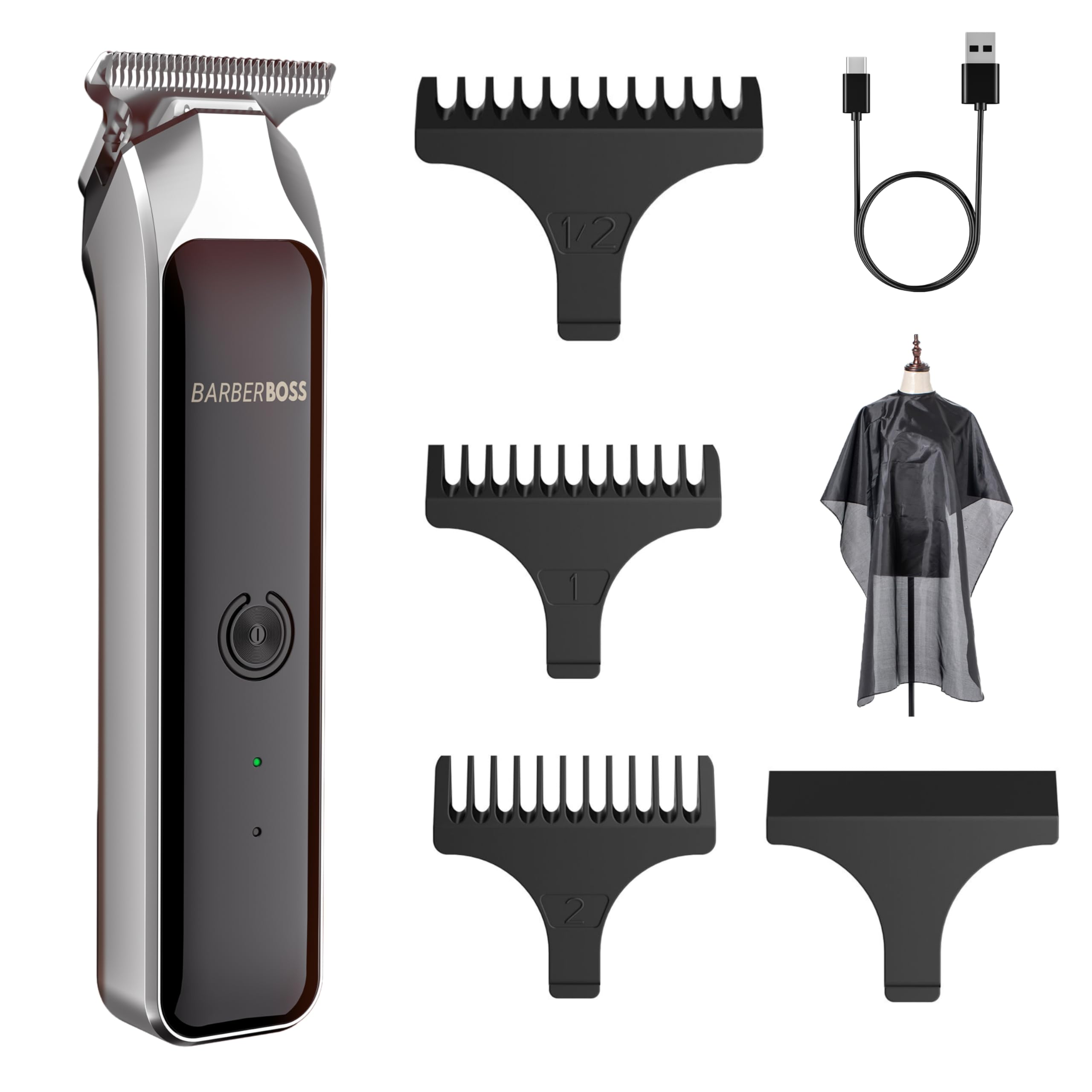 Barberboss Men’s Detail Trimmer, T-Blade Facial Groomer, USB Charging Clipper for Men, 3 Comb Guides, Compact Cordless Beard Clipper with LED Indicator
