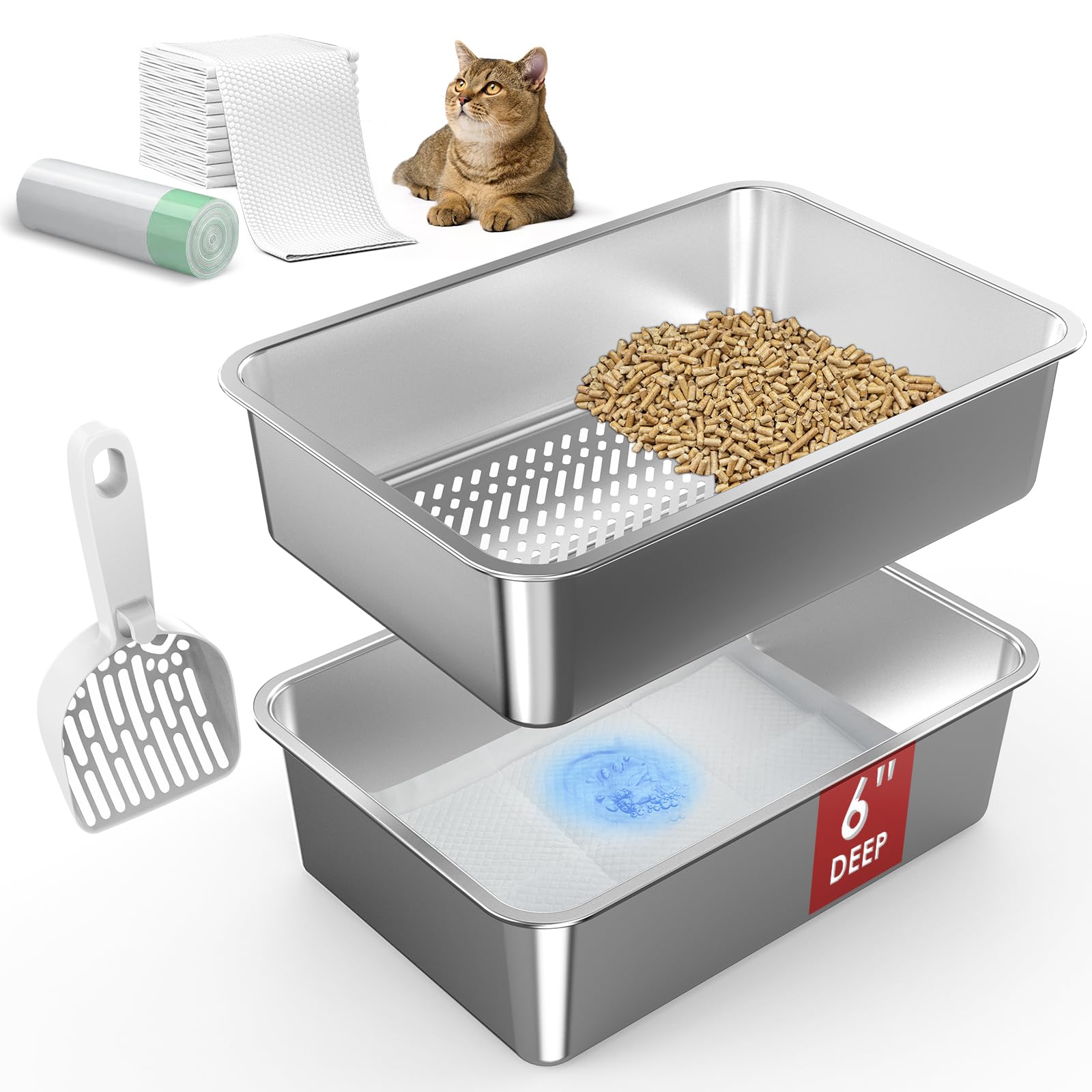 39,6 x 33,7 x 16 cm suzzipaws roestvrijstalen kattenbak, open zeef kattenbak voor dennenpellets, metalen kattenbaksysteem met plaspads en voeringen, geurbeheersing, stofarm, eenvoudige reiniging