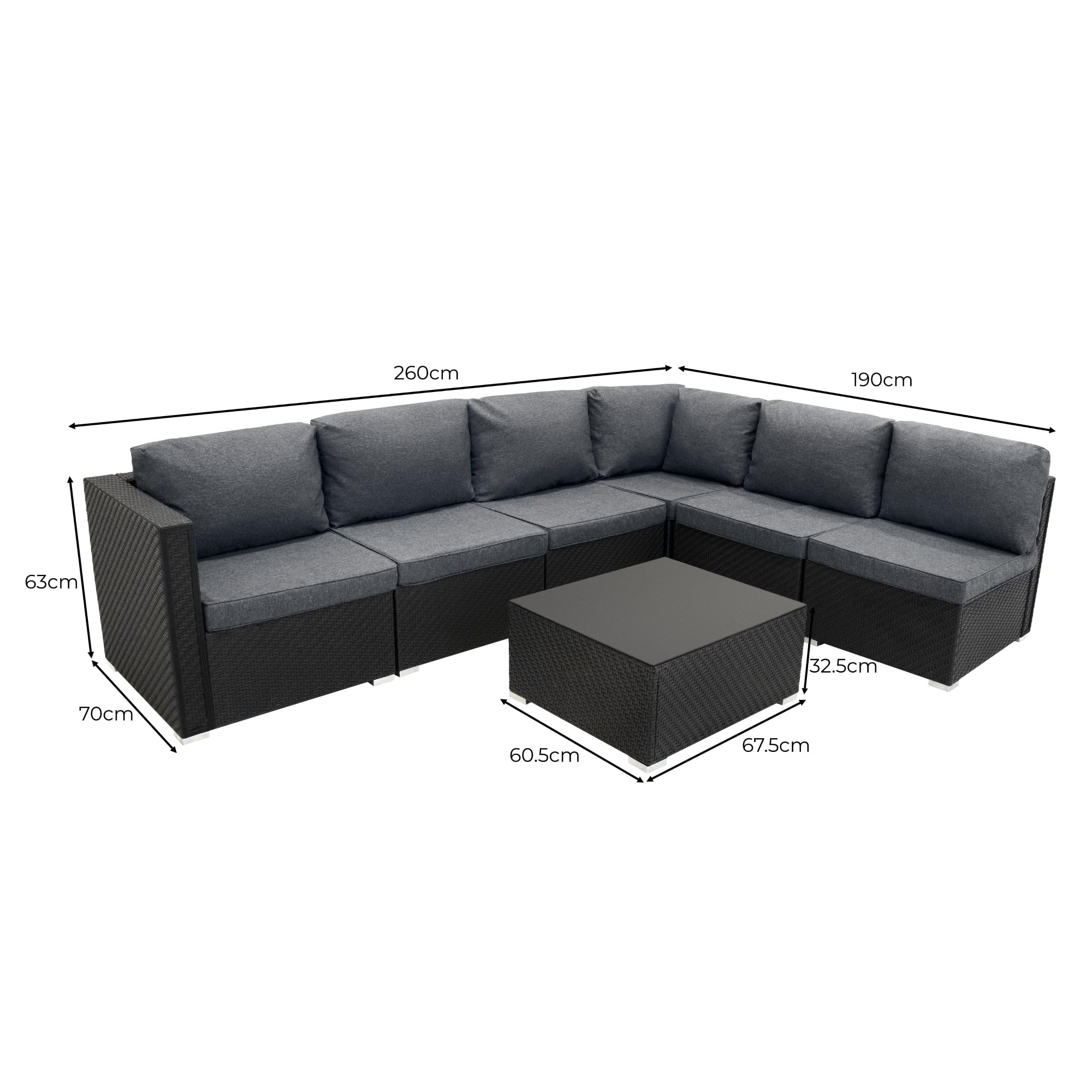 Monster Shop Set Mobili da Giardino 7 Pezzi in Rattan Nero – Divano Modulare 5 Posti con Cuscini Lavabili, Tavolino in Vetro, Copertura Impermeabile, per Esterno, Terrazzo e Veranda