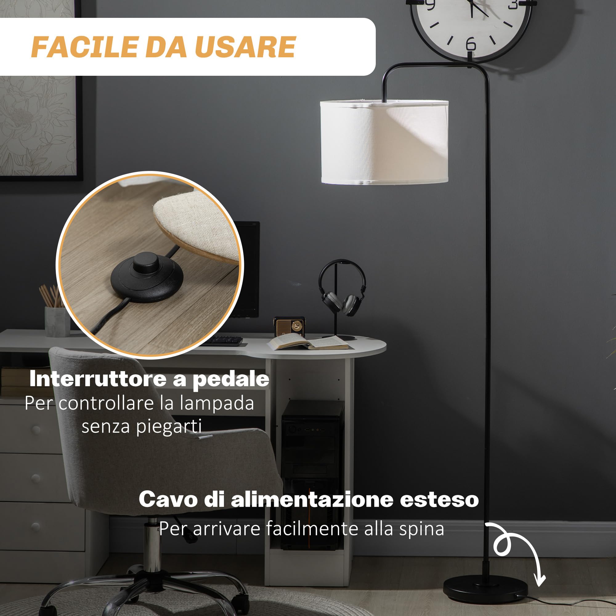 HOMCOM Lampada da Terra Arcuata con Interruttore a Pedale e Paralume in Tessuto Effetto Lino, Piantana Lampada da Terra in Acciaio, 64x38x163.5 cm, Bianca e Nera