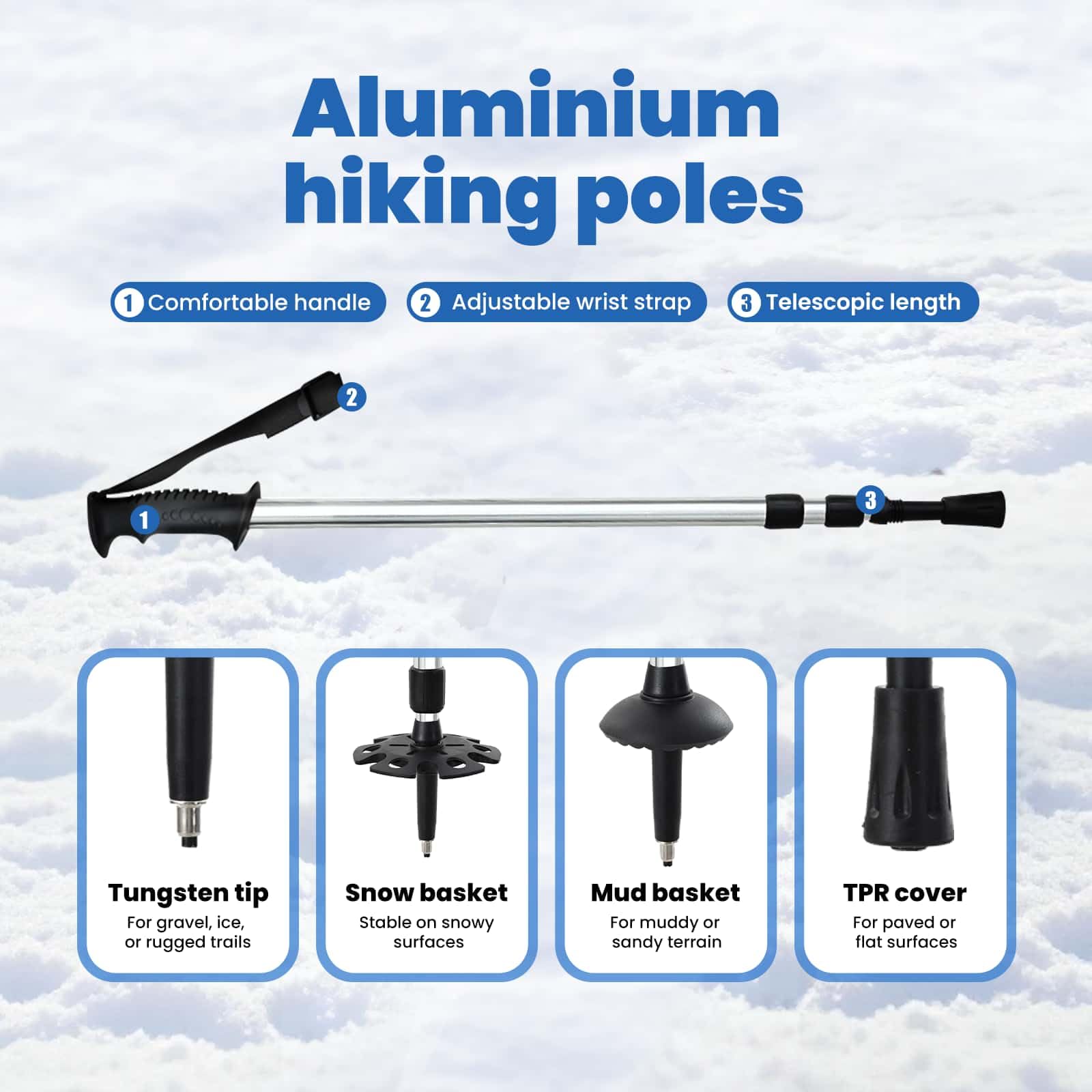 vidaXL Racchette da Neve 3 in 1 con bastoni da Trekking Argento e Nero, Ciaspole in Alluminio per Il Giardino, Attrezzatura Outdoor Regolabile, Accessori Moderni per Camminare sulla Neve