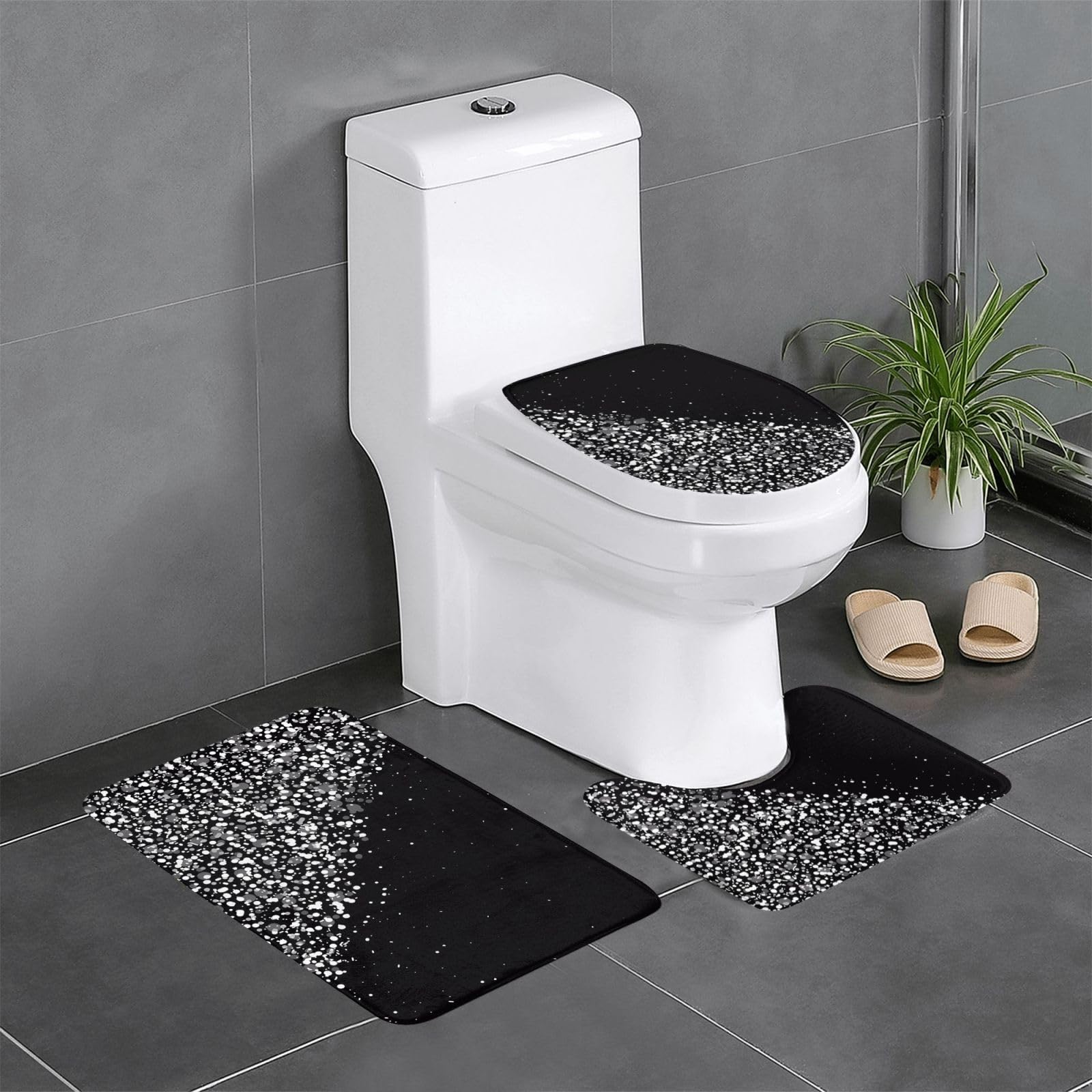 Tapis de bain noir et blanc paillettes grand format pour douche et chambre