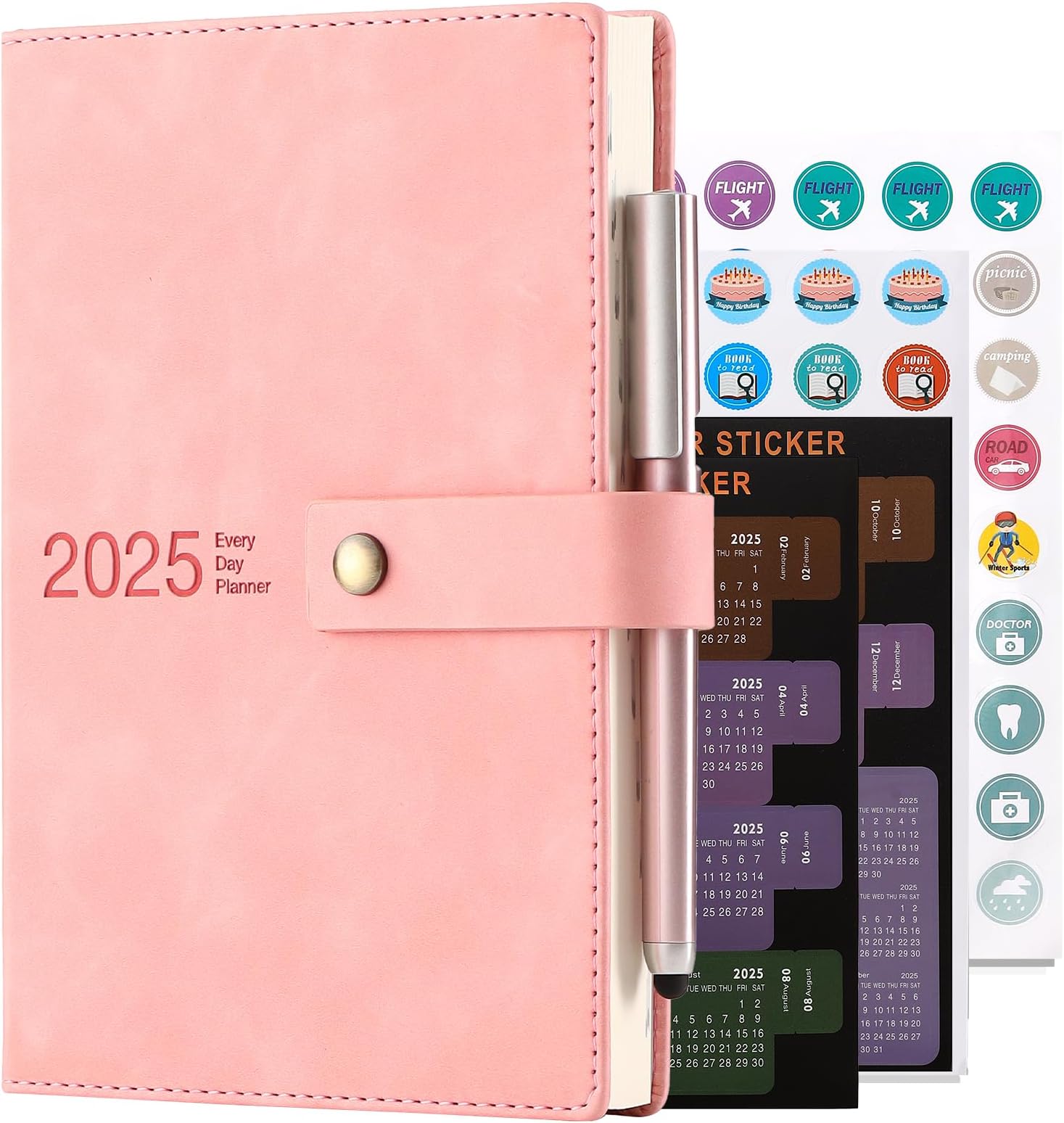 Academic Diary 2025, Daily Planner, A5 Day Per Page,Daily Diary from Jan 2025 - Dec 2025,Hard Cover Organisers Journals with Pen,Bookmark,Monthly Tabs,Stickers and Inner Pocket-14.5x21.5 cm (Pink)
