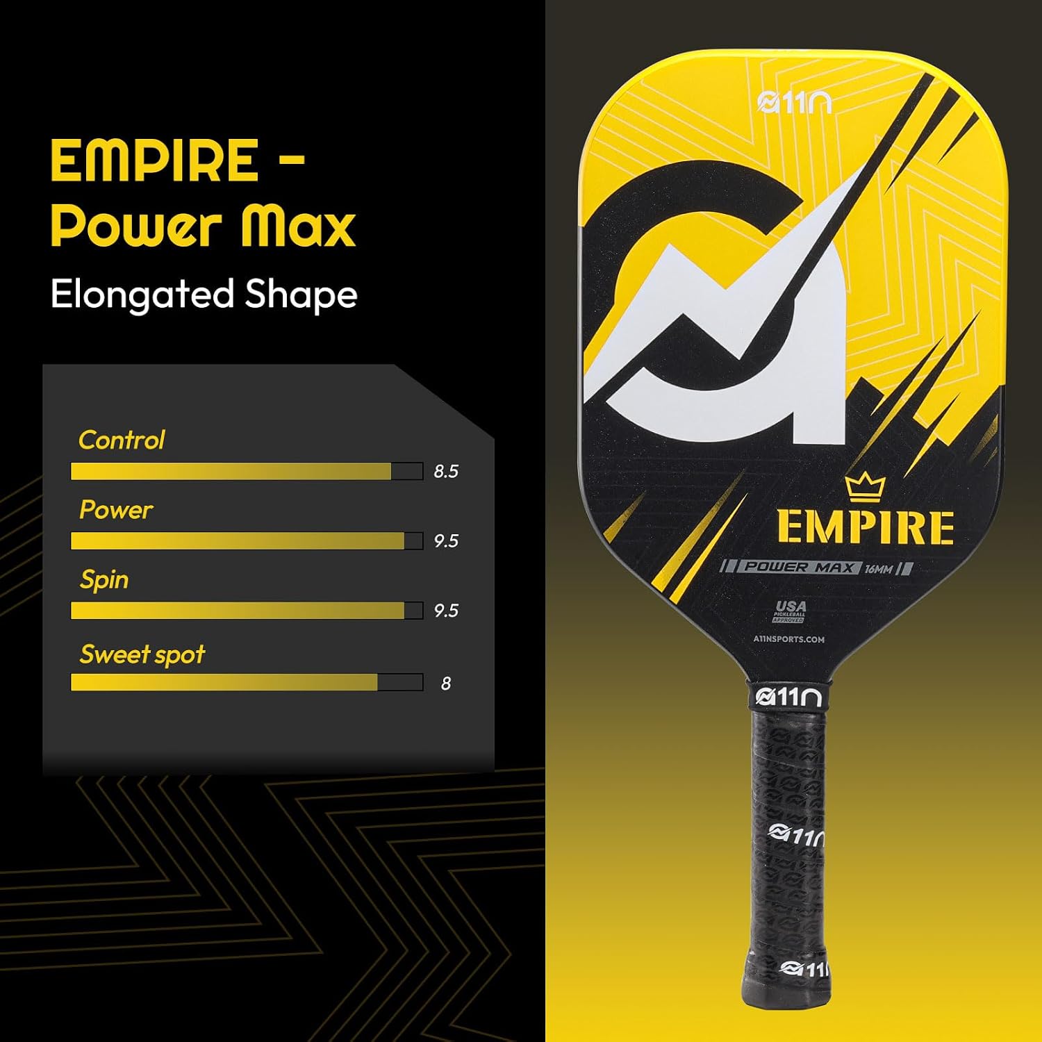 A11N SPORTS Empire Thermoformed Edgeless Pickleball Paddle | Carbon Fiber Face with SuperGrit Texture for Ultimate Spin | Longer Handle for Double-Handed Backhand