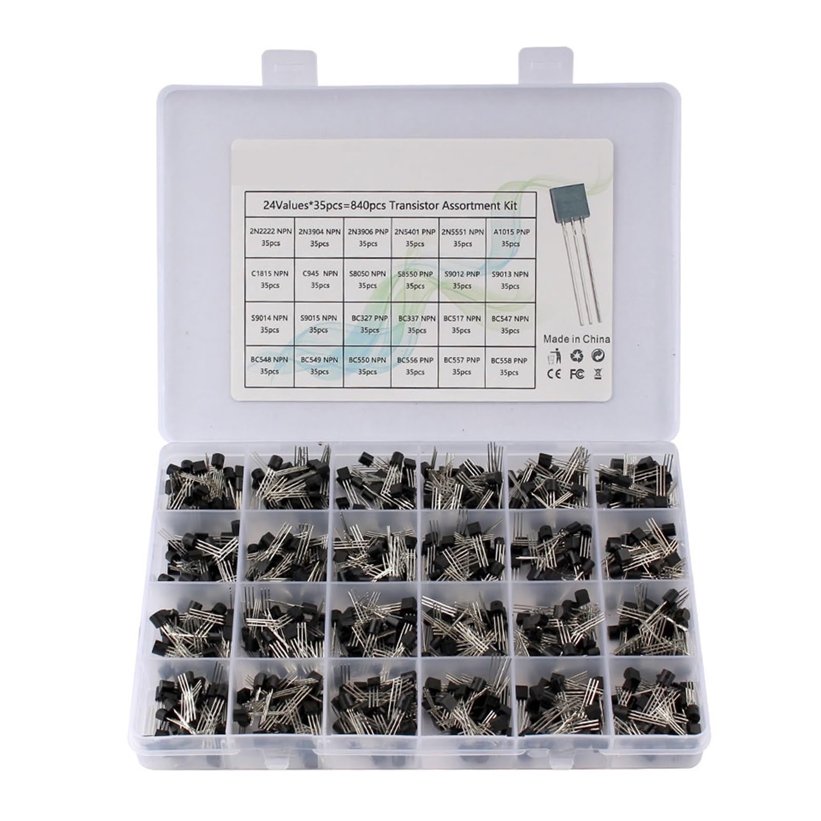 Kit de transistores TO-92, caja surtida de 200-900 Uds. BC547 BC327 BC337 2N2222 3904 3906 C945 PNP/NPN, juego de transistores electrónicos(24Values-840pcs)
