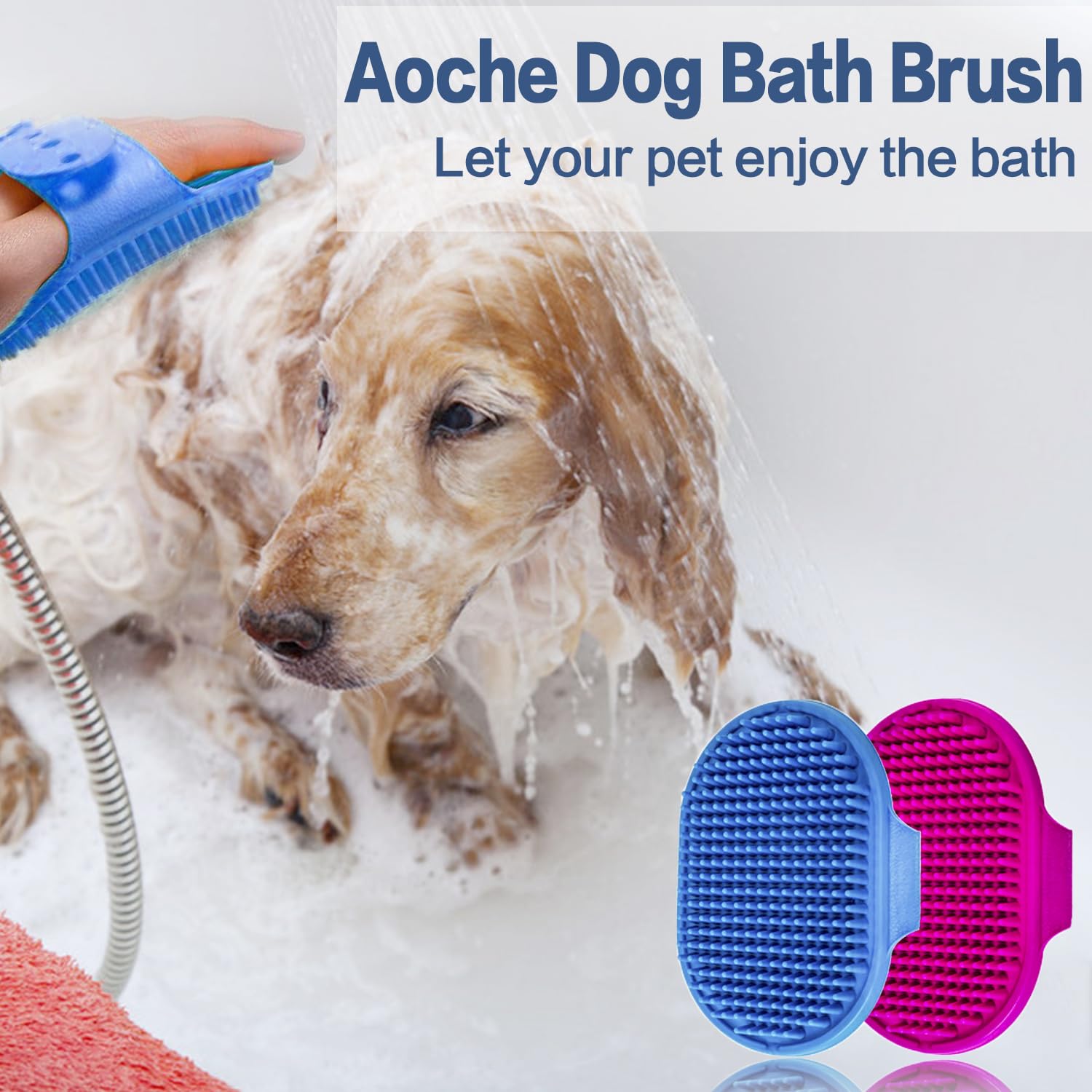 Dog Bath Brush Pet Bath Comb Brush Soothing Massage Rubber Comb 2pcs with Adjustable Ring Handle for Long Short Haired Dogs and Cats (Blue+Rose) - image 6