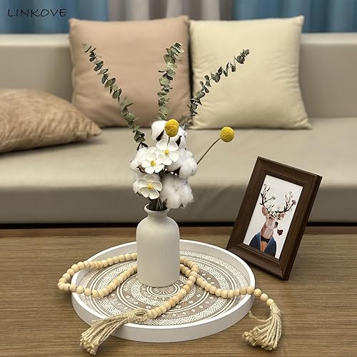 Miniatura 3 de Bandeja decorativa bohemia de 13 pulgadas para decoración del hogar, bandeja redonda de madera para mesa de café, bandeja otomana blanca lavada para