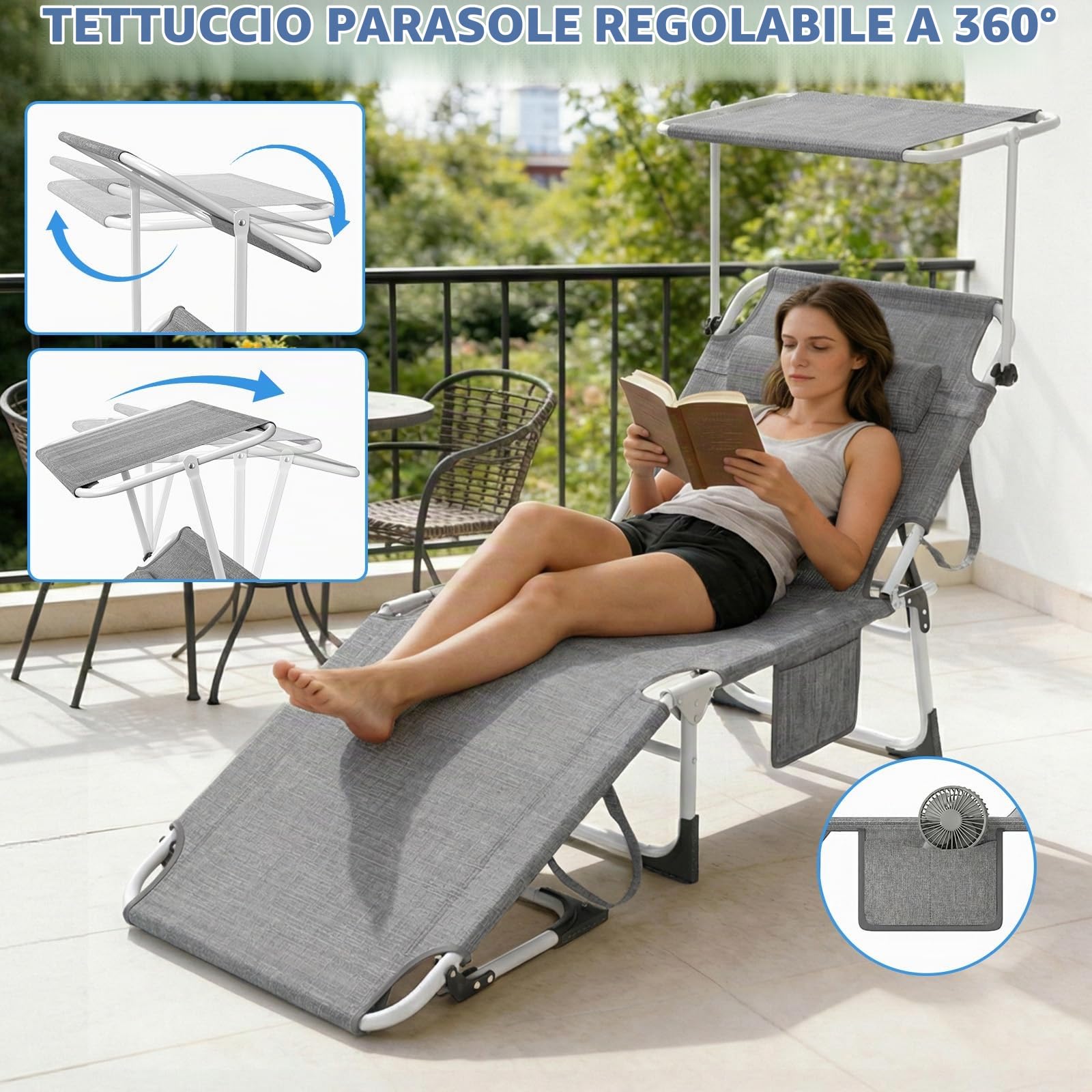 Huracan Lettino prendisole pieghevole con tettuccio parasole, resistente alle intemperie, con schienale regolabile in 4 posizioni, sedia a sdraio con cuscino, portata fino a 150 kg, Grigio