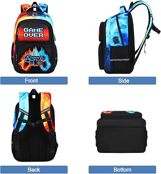 Bevalsa Backpack for Boys, School Bags for Kids, Bookbag for Boys Children Teens Backpacks for Elementary Middle High School Student, Bookbag and Lunch Bag Set with USB Charging Port (Flame)