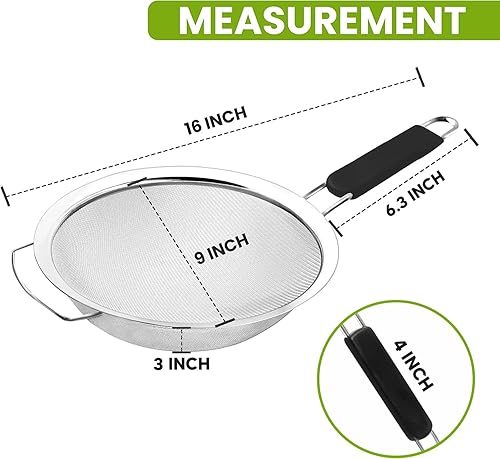 Vista 5 de 9" Large Fine Mesh Strainer with Thermo Plastic Rubber Handle - Sieve Fine Mesh Stainless Steel - Ideal Kitchen Essential to Strain Pasta, Quinoa