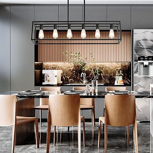 Miniatura 3 de XILICON Candelabros rectangulares negros de 6 luces para comedor, lámparas colgantes, jaula de isla de cocina, lámpara de techo moderna