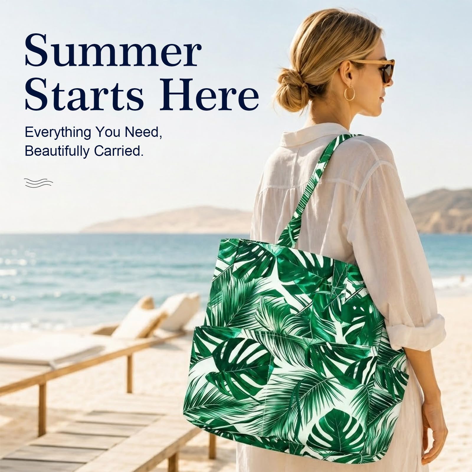 Badetasche Groß Familie XXL, Wasser und Sandabweisende Strandtasche Damen mit Reißverschluss & Mehreren Taschen, Damen Handtasche Aus Canvas Stoff, Faltbar Badetasche für Urlaub Reise Pool Picknick
