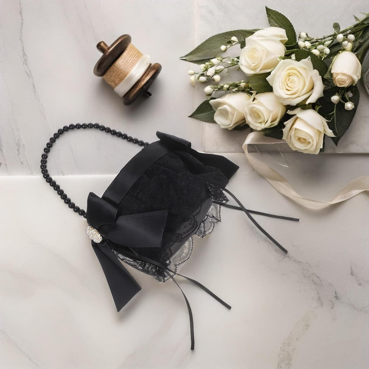 Wedding Flower Girl Basket with Pearl Handle and Satin Bowknot, Compact Dark Petal Basket for Wedding Ceremony and Party Decoration