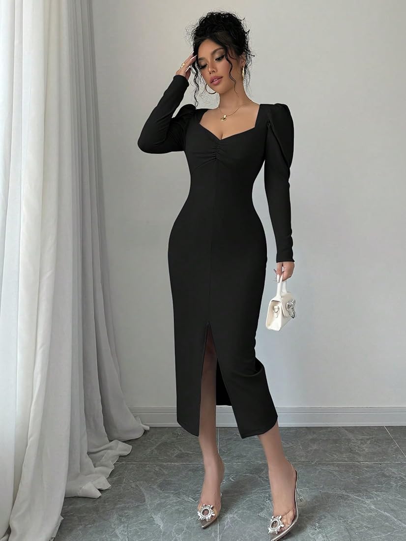 Buy Istyle Can Square Neck Puff Sleeve Bodycon Dress - Front Pleated, Waist  Cinched, Ruched Split Thigh Midi Dress for Women - in Black, Maroon, Green,  Navy Blue (in, Alpha, S, Regular,