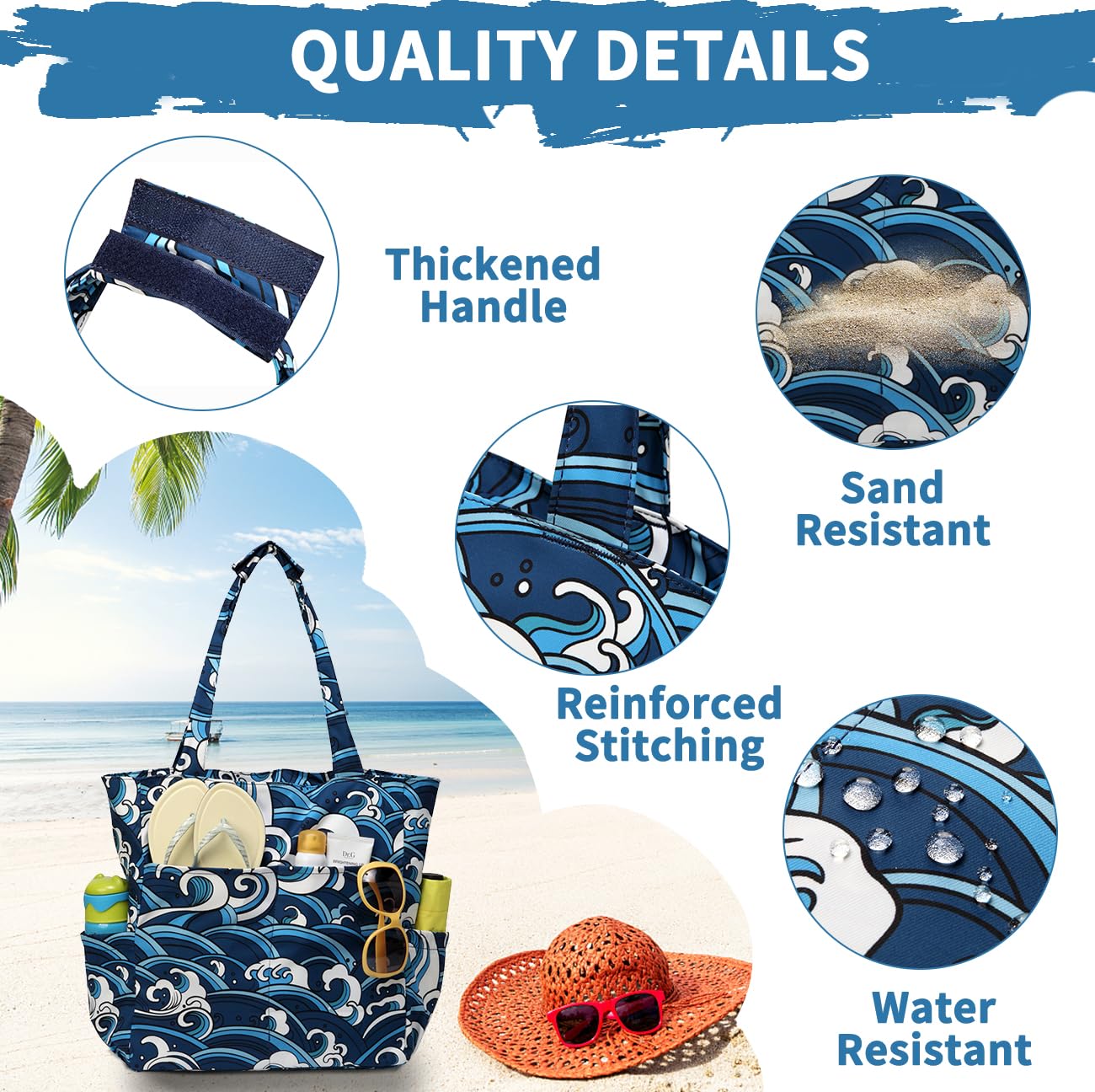 Sac de Plage Femme, 22,7L Poches Multiples Grand Sac Cabas Zippé Femme d'Été Pliable Résistant à l'Eau Sac de Piscine Tote Bag pour Voyage Vacances Achats Vague de Mer