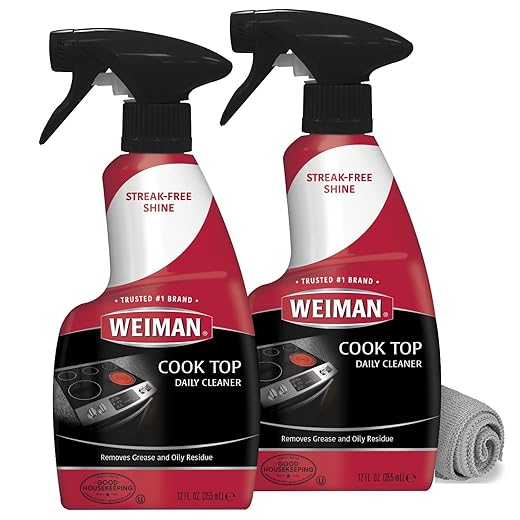 Weiman Glass Cooktop Cleaner & Polish For Daily Use on Ceramic, Induction Stove Top, Removes Grease & Oily Residue, Streak Free Shine, 12 oz, 2 Pack, Micro Fiber Buffing Towel