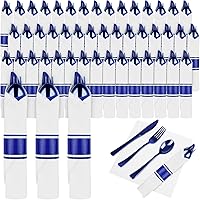 Vista 1 de Paquete de 100 cubiertos de plástico preenrollados azules, cubiertos enrollados azules con servilletas, juego de cubiertos de plástico preenrollados