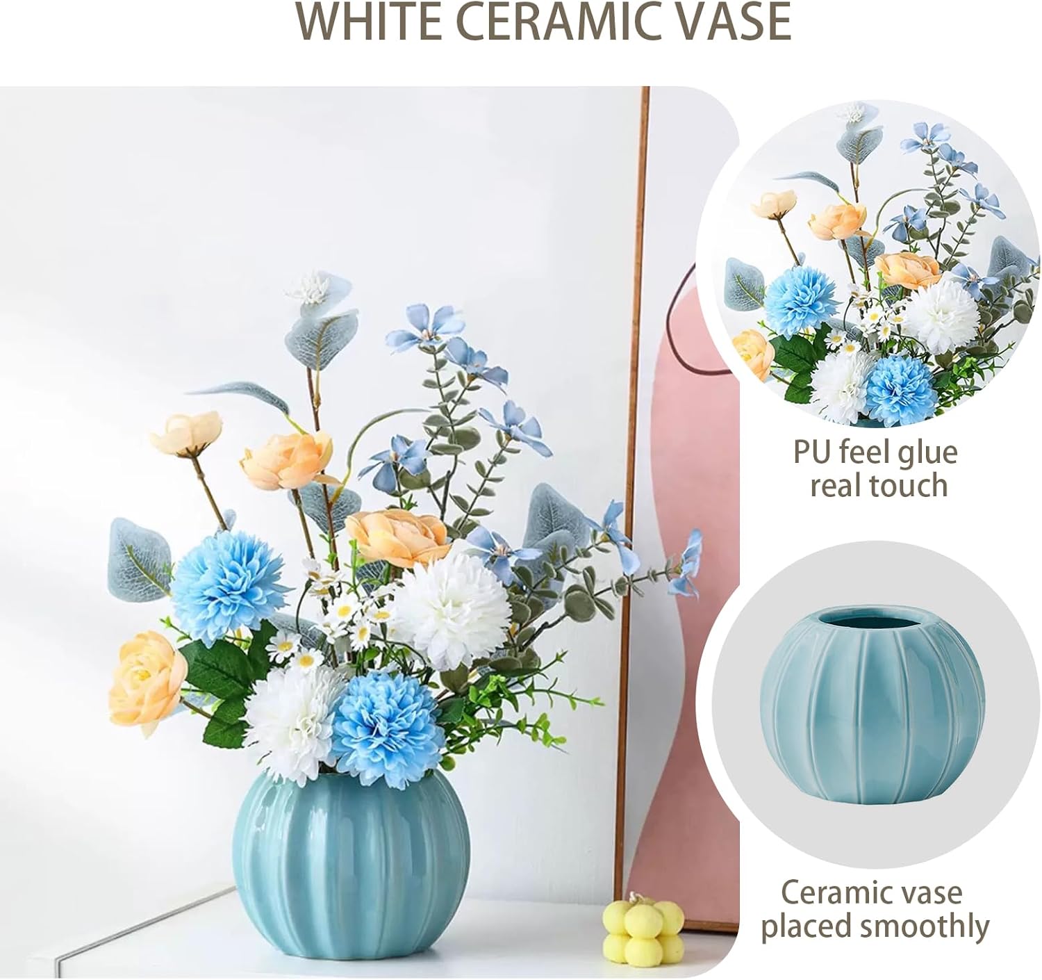 Artificial Flowers, Fake Flowers in Vase, Silk Flowers with Ceramic Vase, Faux Flowers Arrangement for Homes, Restaurants Decoration Dining Table Centerpiece Decor (Blue)