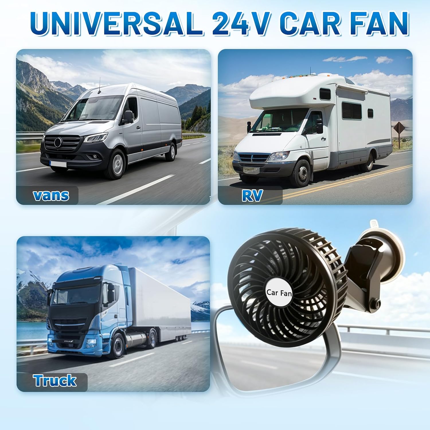 Bestview 24V Car Fan, 4-Inch Suction Cup Vehicle Fan with 2-Speed Switch, 360° Rotatable Cigarette Lighter Plug Cooling Fan for Truck, SUV, RV, Van