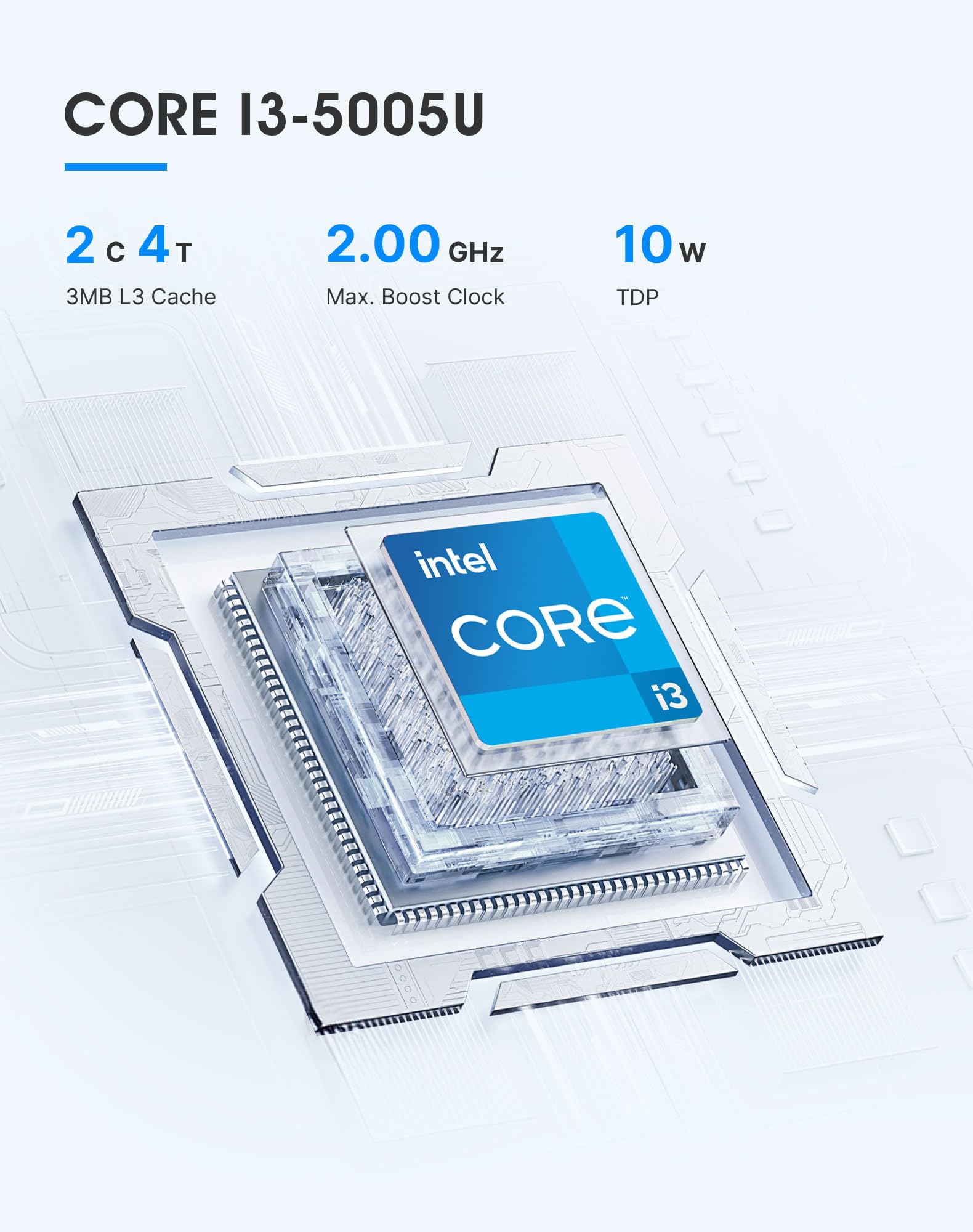 C3 Mini PC Core i3 5005U (hasta 2,0 GHz, 2C/4T), 8 GB DDR3 RAM 512 GB SSD, Doble Pantalla/W10 Pro/WiFi 5/BT5.0/RJ45 LAN, PC de Escritorio para Oficina/Hogar/Educación