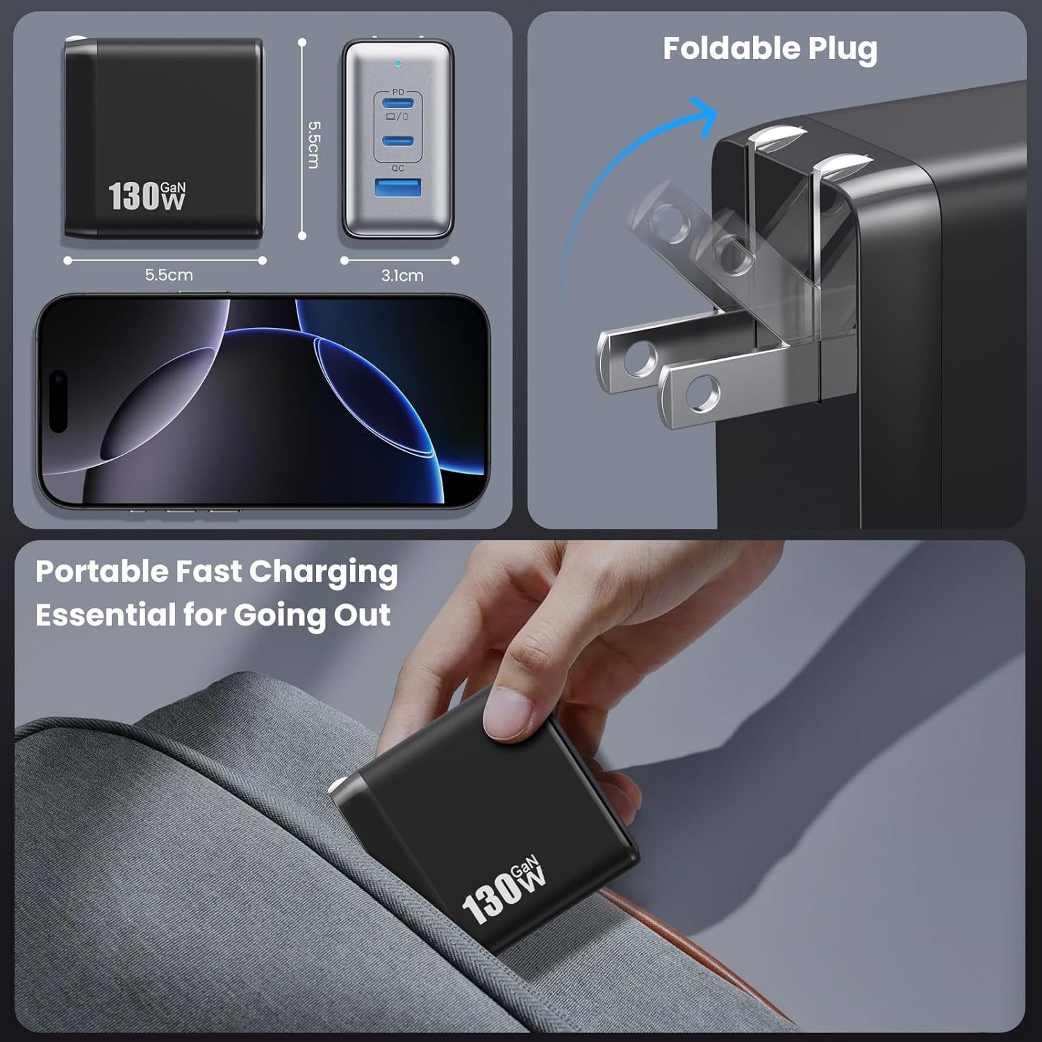 130W USB C Charger Block,3-Port GaN Fast Charger,Compact Foldable Type C Fast Charging Wall Charger,PD QC 65W USB C Laptop Charger for MacBook Pro/Air,iPad Pro,iPhone 17/16/15/14,Galaxy,Dell XPS etc