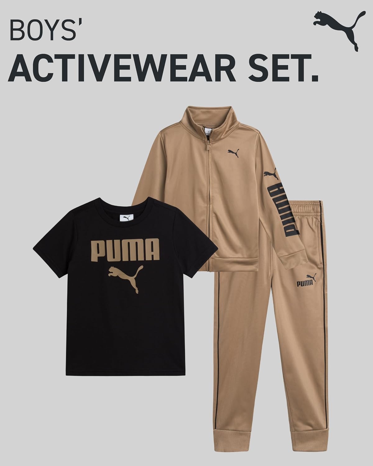 PUMA Toddler Boys Pants Set - 3 Piece Athletic T-Shirt, Zip Up Jacket, Jogger Pants - Boys Activewear Tricot Jogset (2T-7)