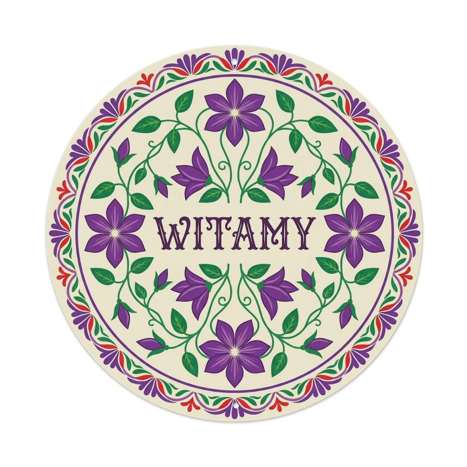 Vintage Polish Folk Art Witamy Welcome Clematis Purple Metal Tin Sign