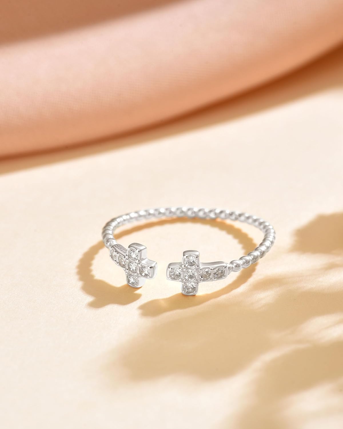 Gold Cross Statement Rings for Women Mom 925 Sterling Silver Dainty Double Crucifix CZ Open Rings 14K Gold Plated Non Tarnish Sideways Cross Faith Ring Stackable Rings Baptism Religious Wedding Jewelry Gifts