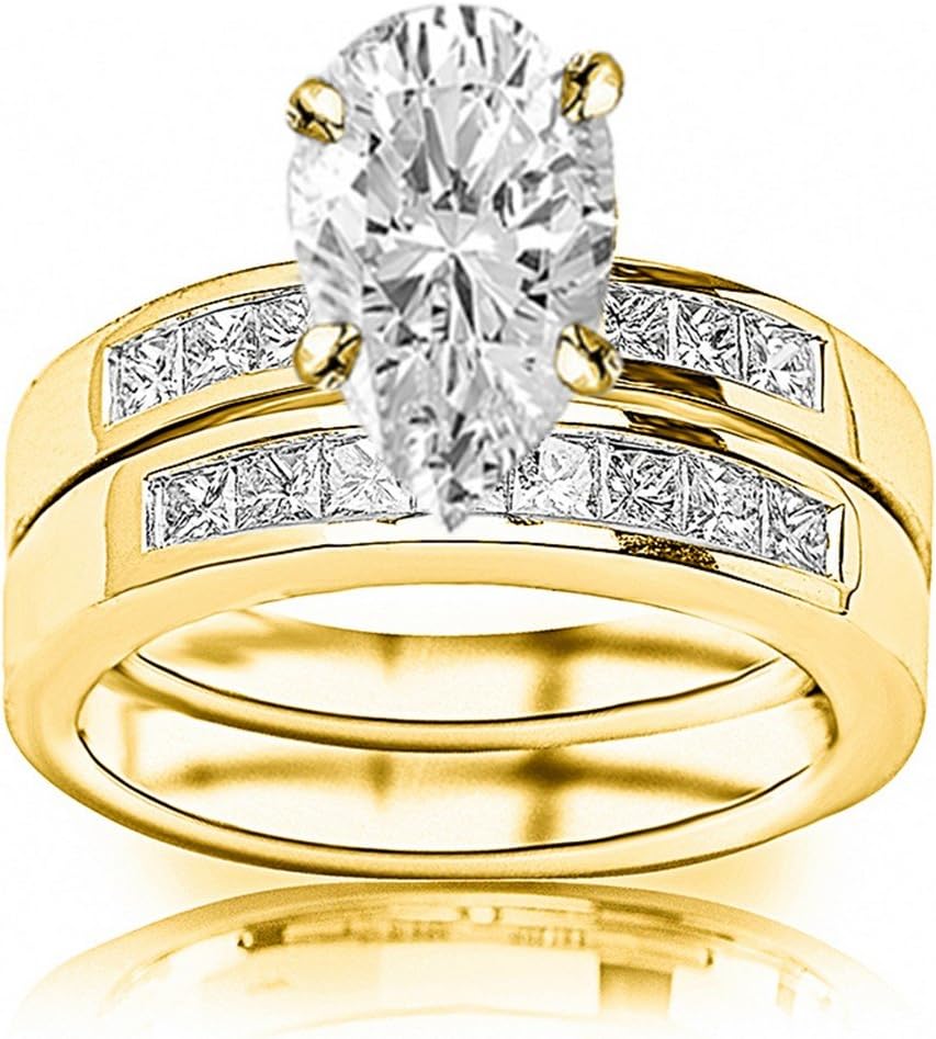 1.35 CTW Classic Channel Set Princess Cut Diamond Engagement Ring and Wedding Band Set w/ 0.5 Ct GIA Certified Pear Cut I Color VS2 Clarity Center