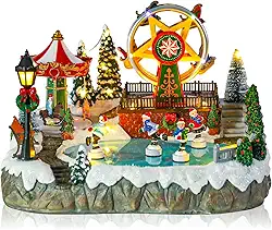 MUMTOP Parque de diversões Christmas Village com patinadores em movimento, carrossel animado iluminado e roda-gigante com música para decoração de mesa de Natal em ambientes internos