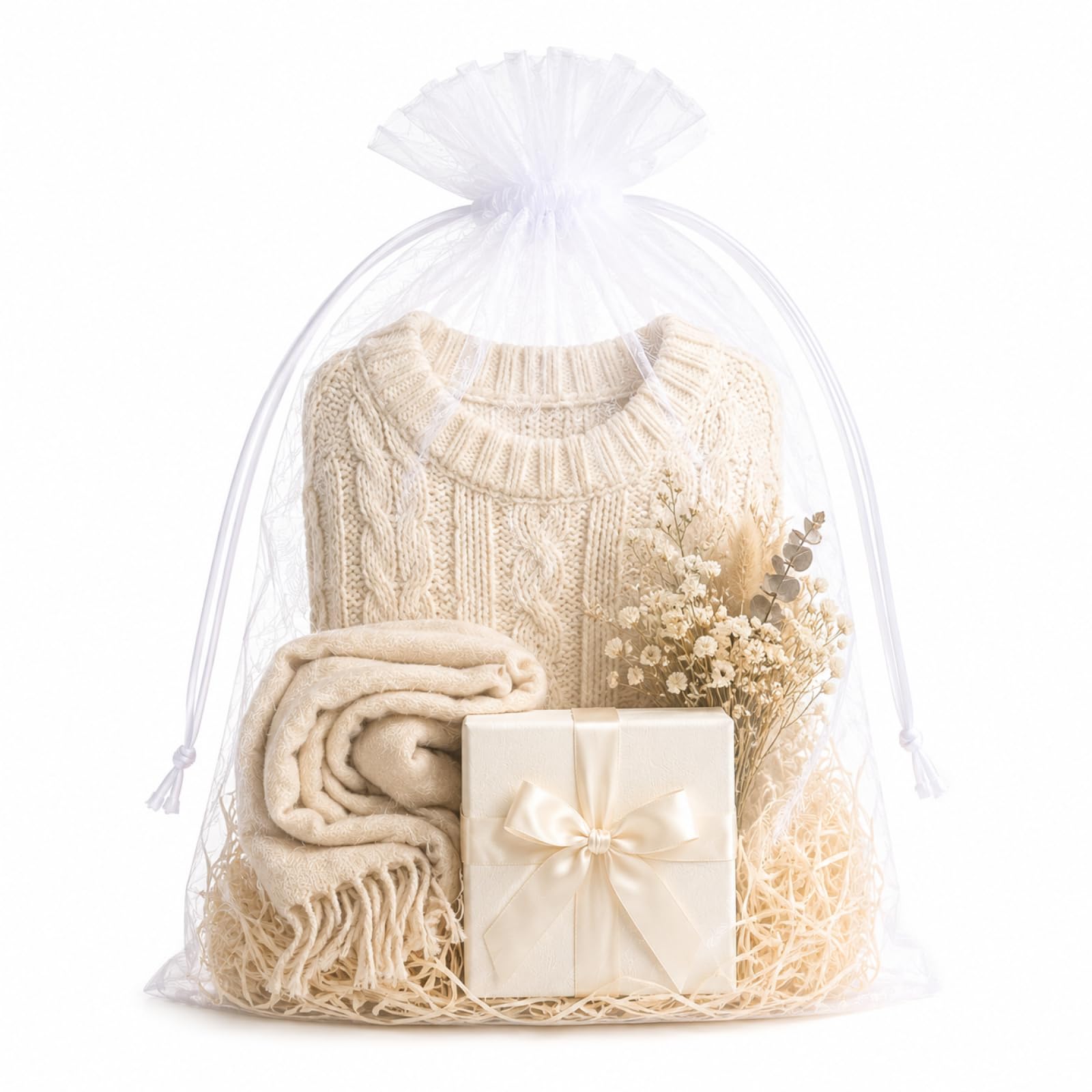 50 Pack Extra Large Organza Gift Bags 30 × 40 cm, White Drawstring Mesh Gift Pouches, Reusable Sheer Storage Bags for Wedding Favours, Clothing, Toys, Blankets, Plants & Party Gifts
